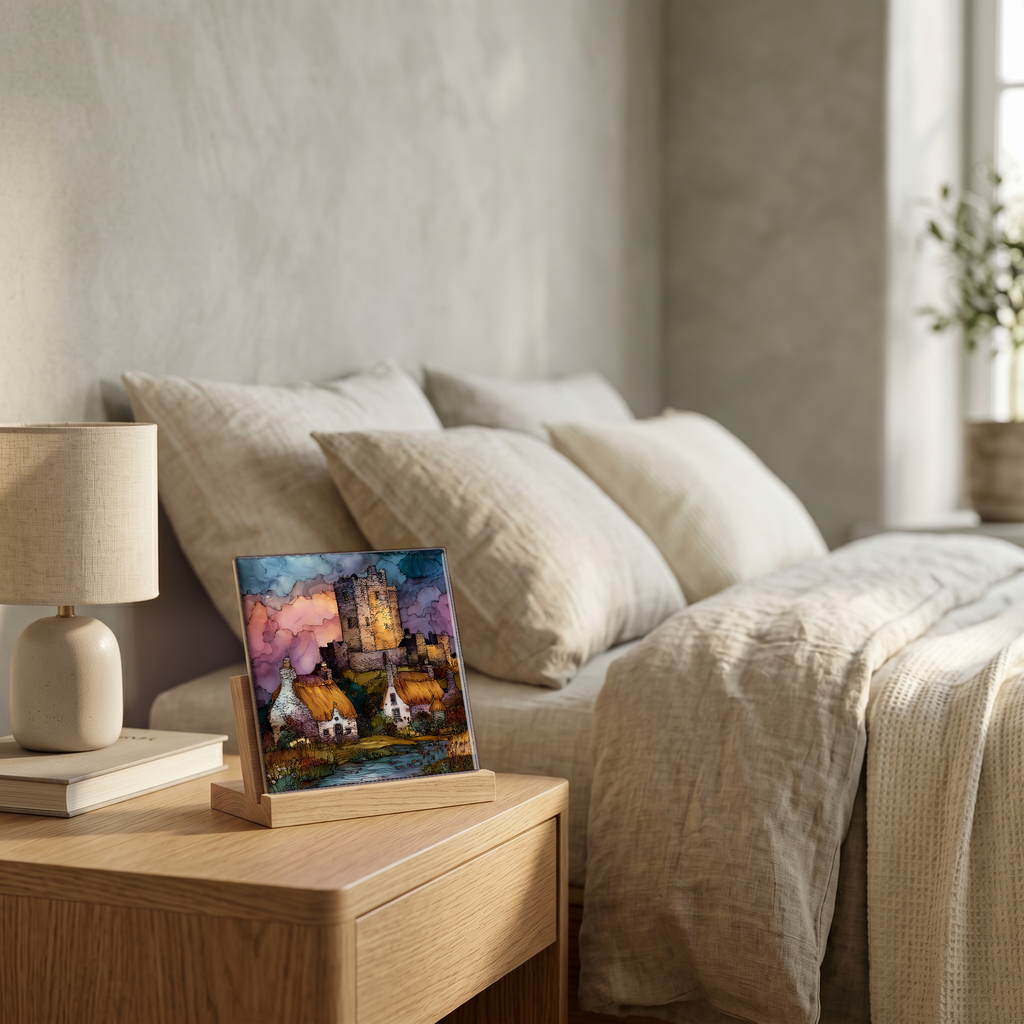 On the nightstand, on a light oak stand.