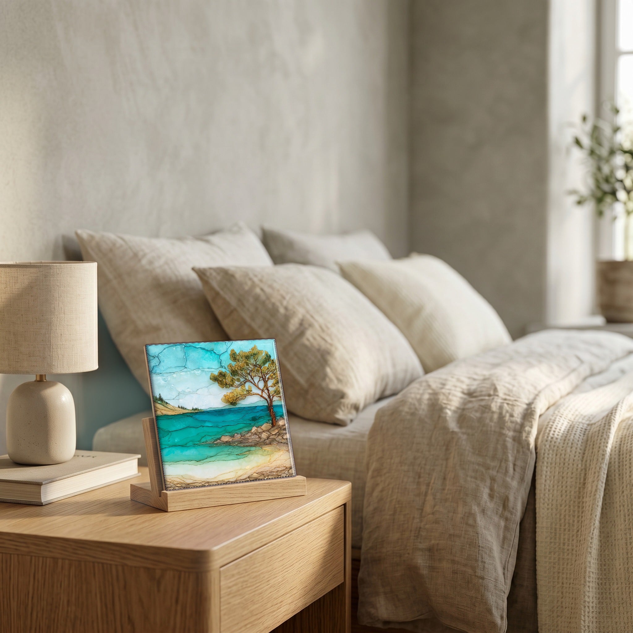 On the nightstand, catching the morning.