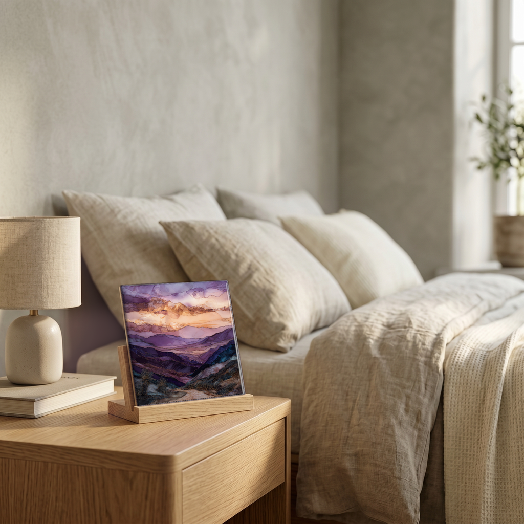 On the nightstand, on a light oak stand.