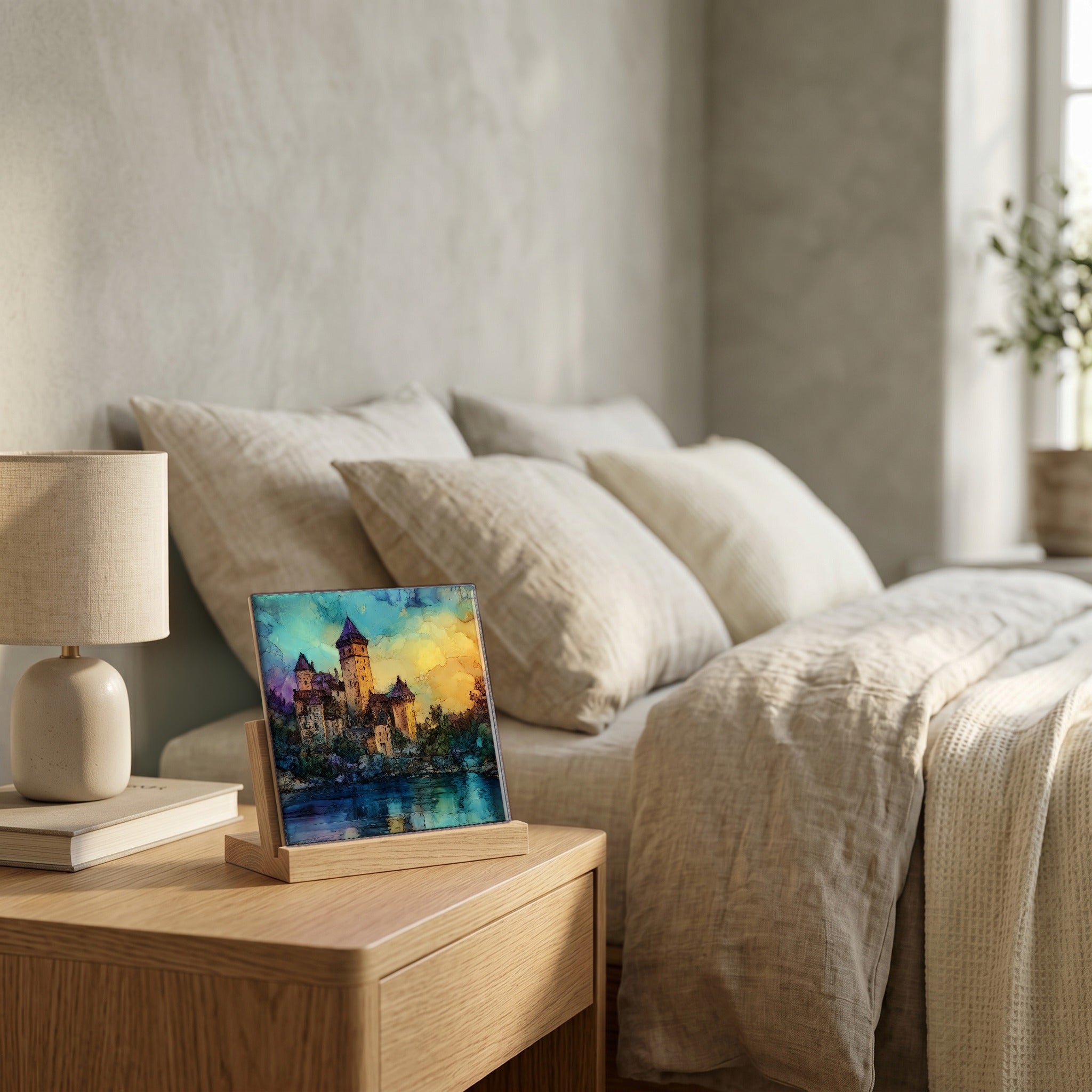 On the nightstand, on a light oak stand.
