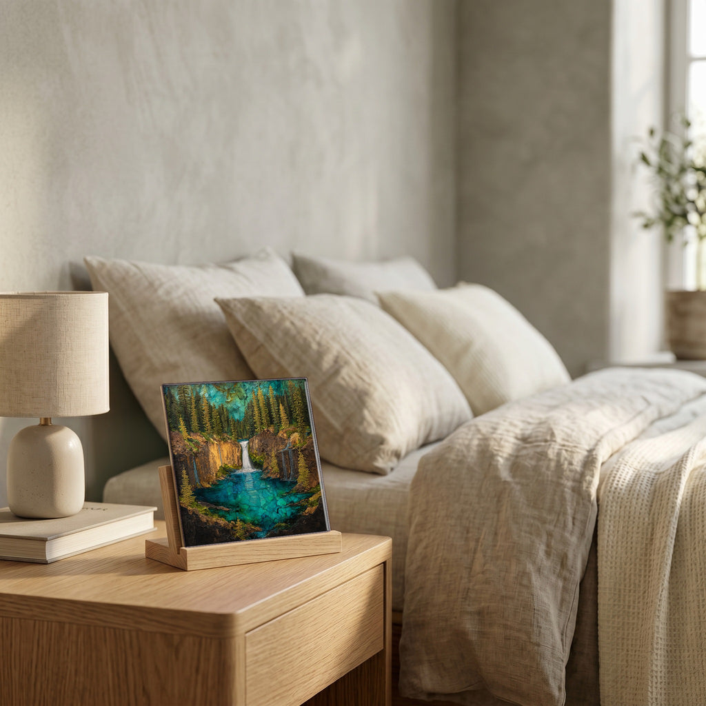 On the nightstand, catching the morning.