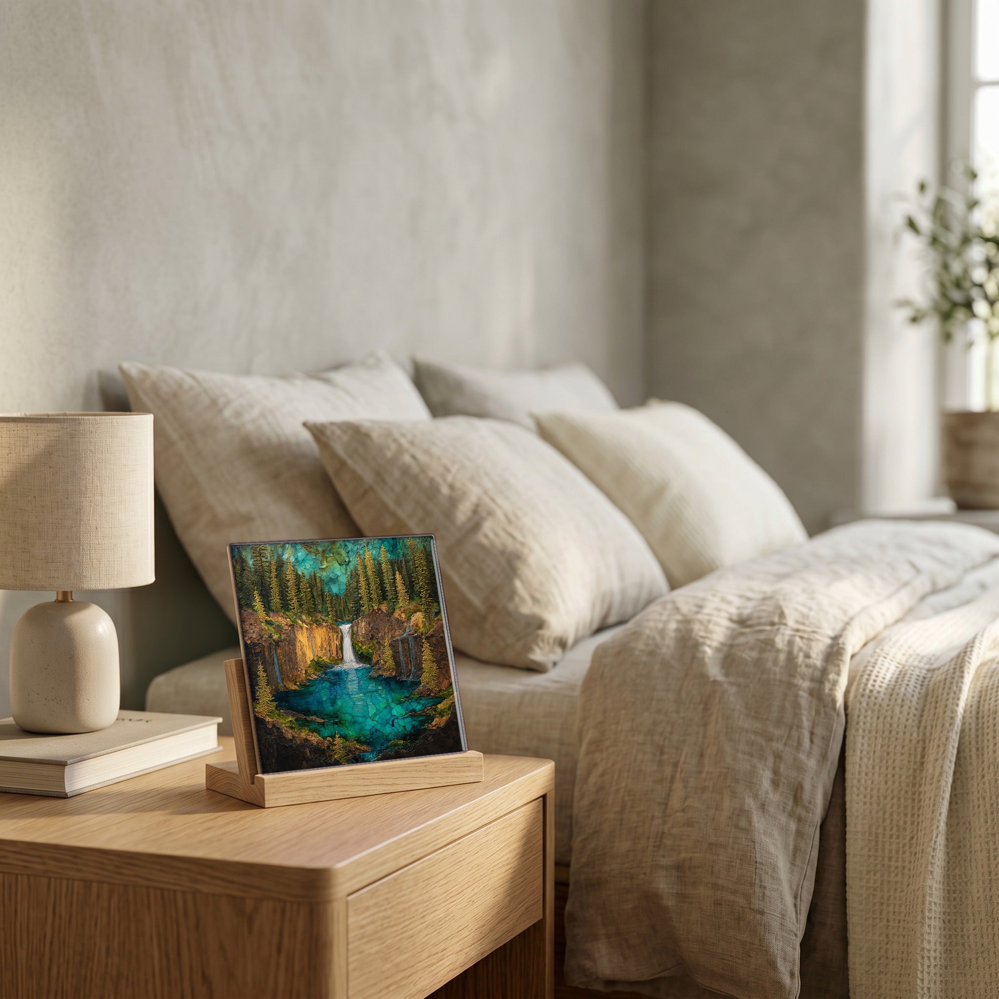 On the nightstand, catching the morning.