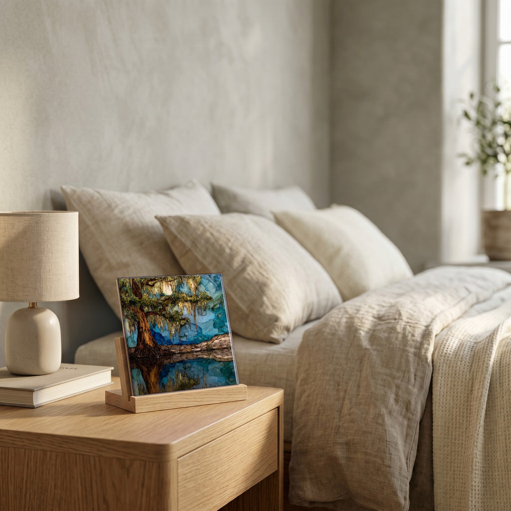 On the nightstand, catching the morning.