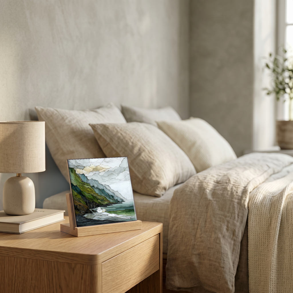On the nightstand, on a light oak stand.