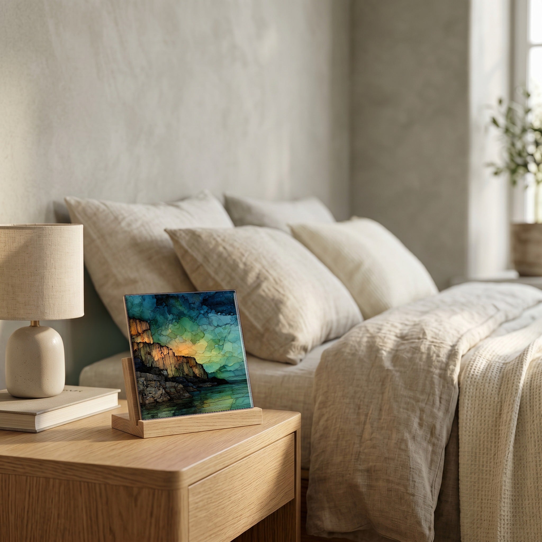 On the nightstand, catching the morning.