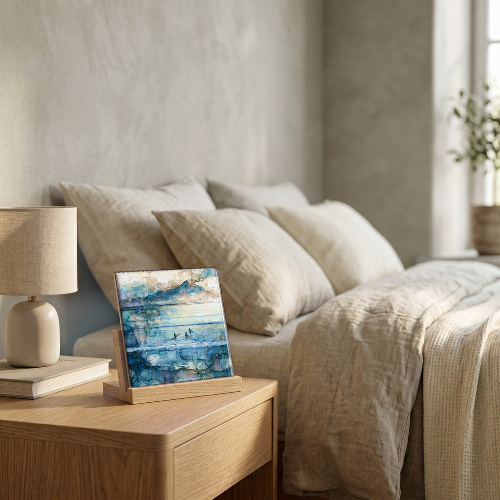 On the nightstand, catching the morning.