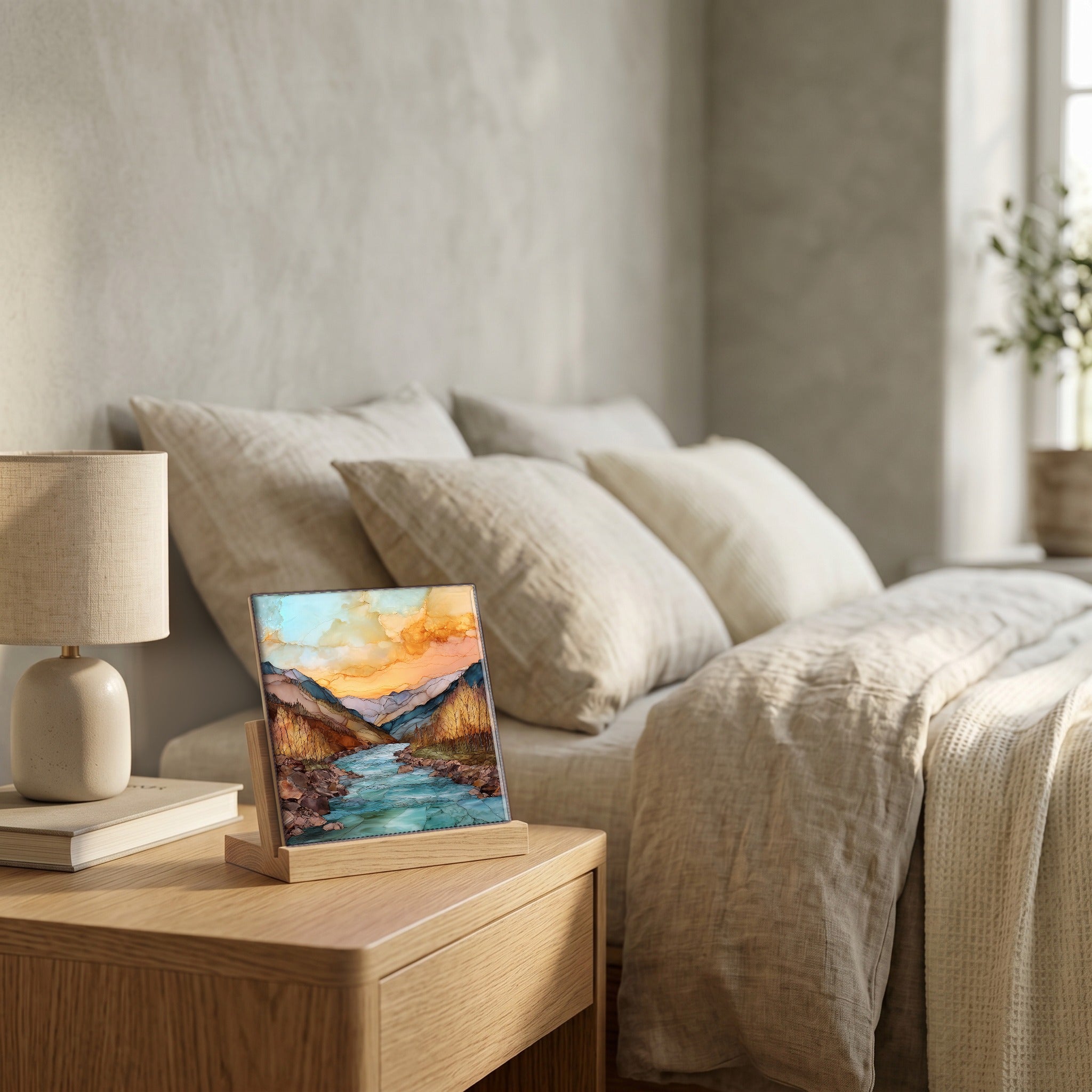 On the nightstand, on a light oak stand.