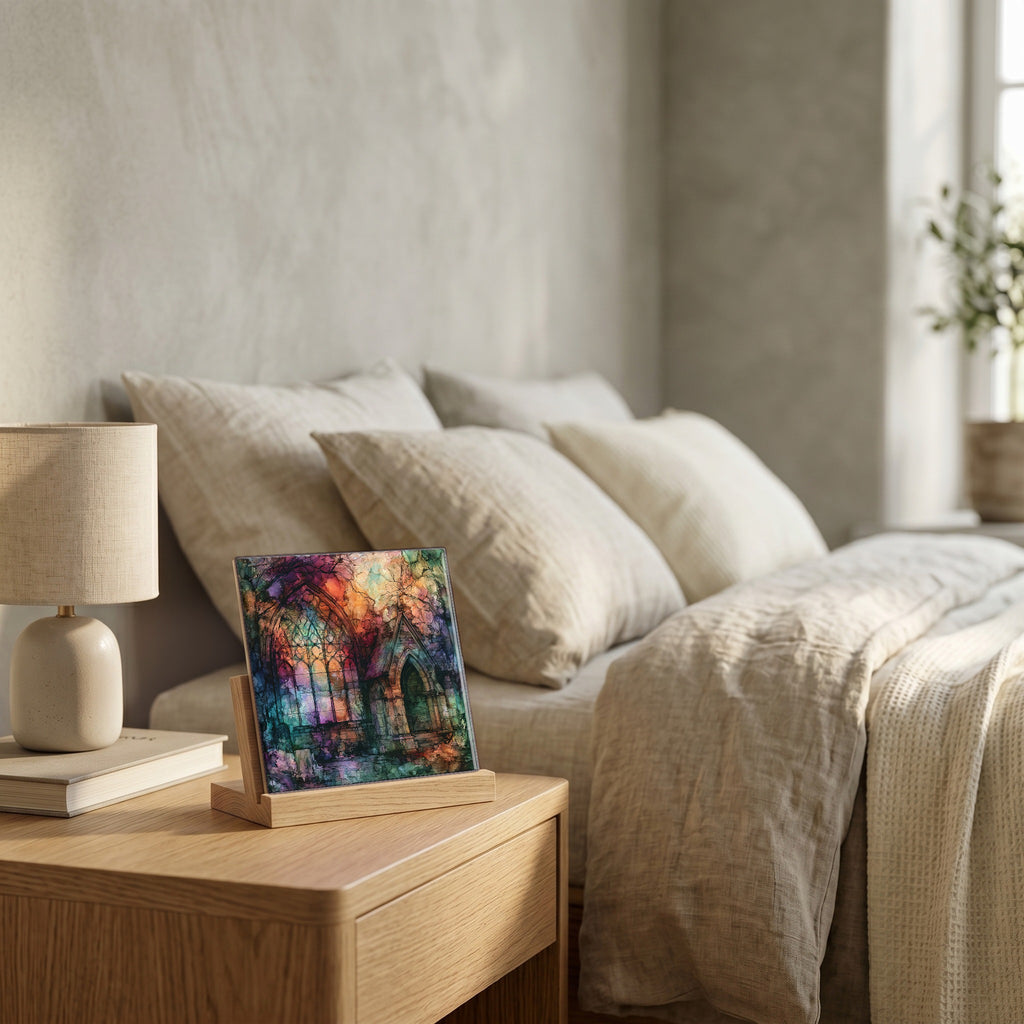 On the nightstand, catching the morning.