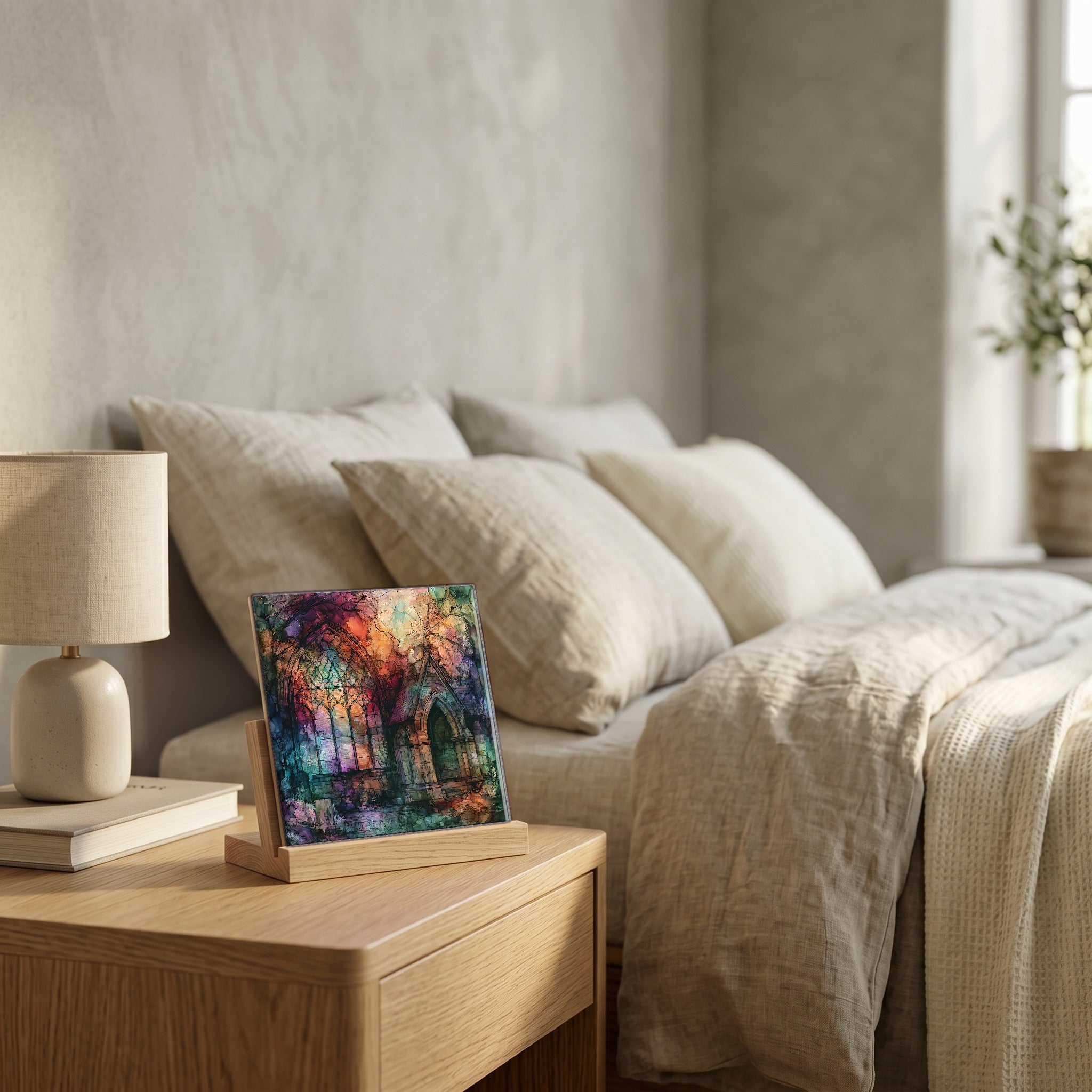 On the nightstand, catching the morning.