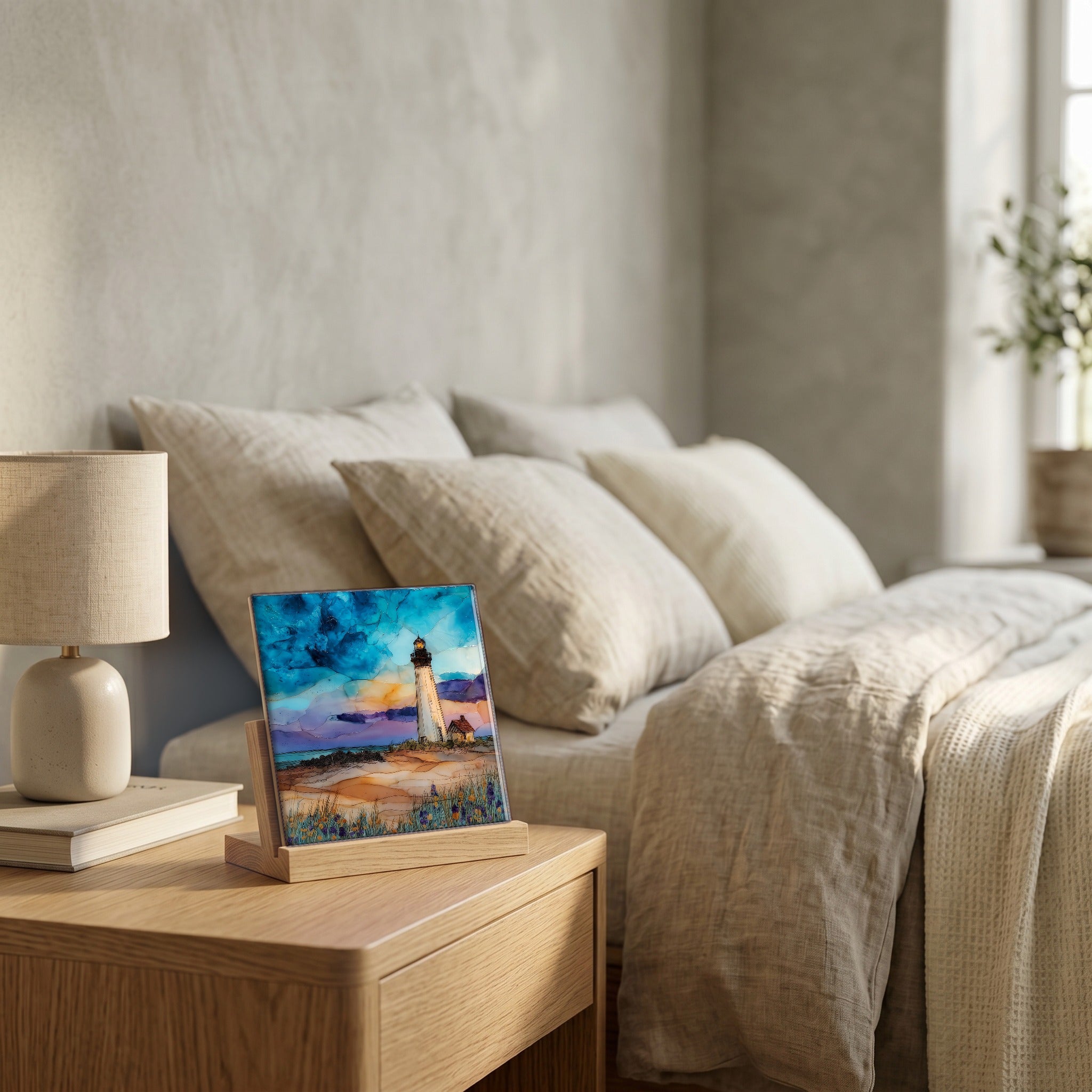 On the nightstand, catching the morning.