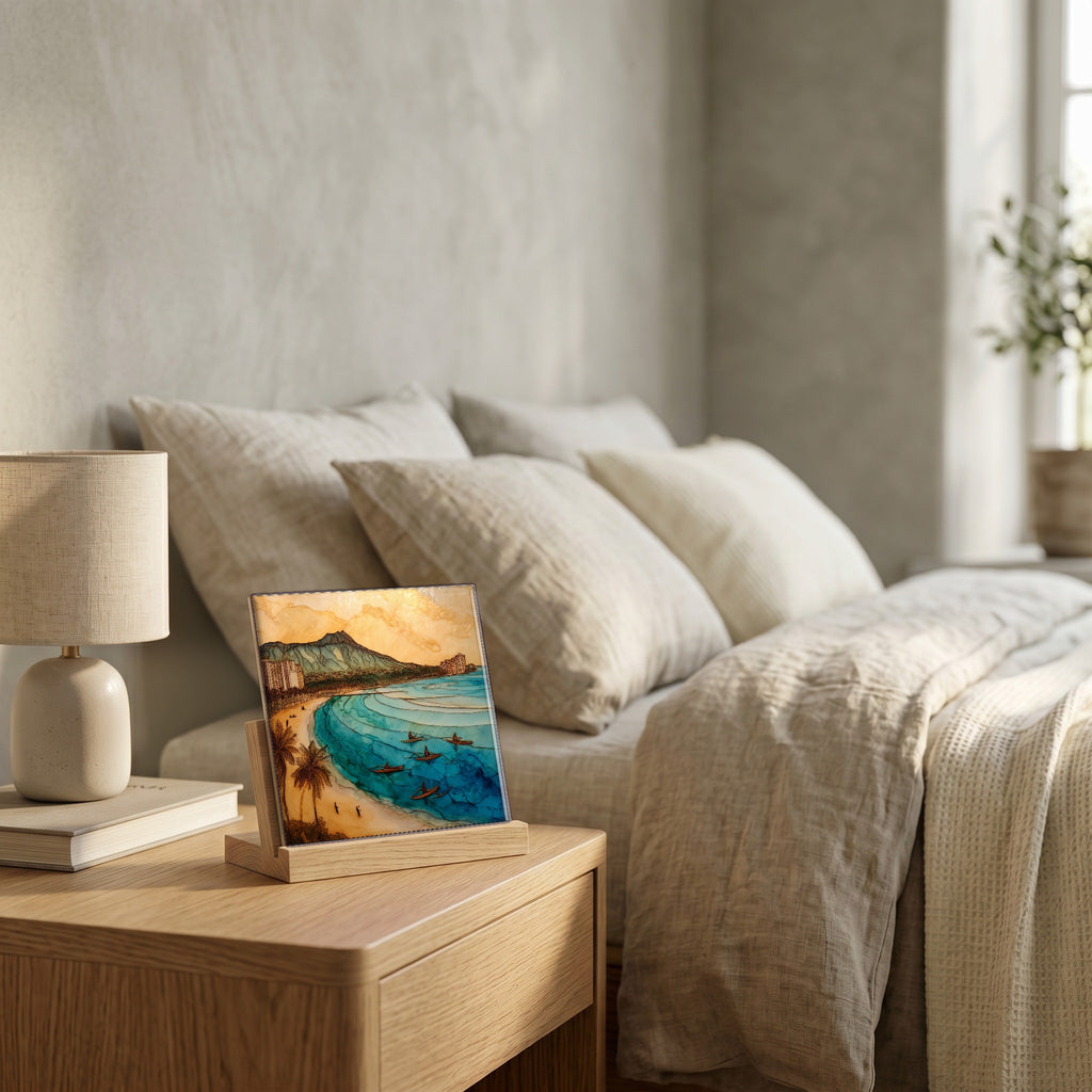 On the nightstand, on a light oak stand.