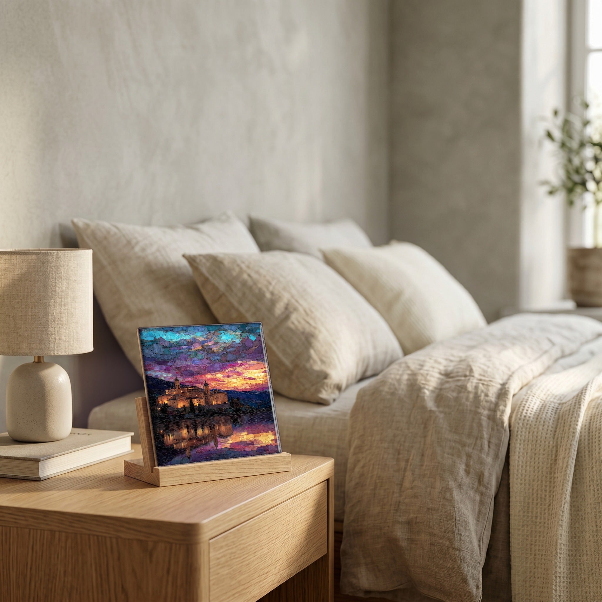 On the nightstand, on a light oak stand.