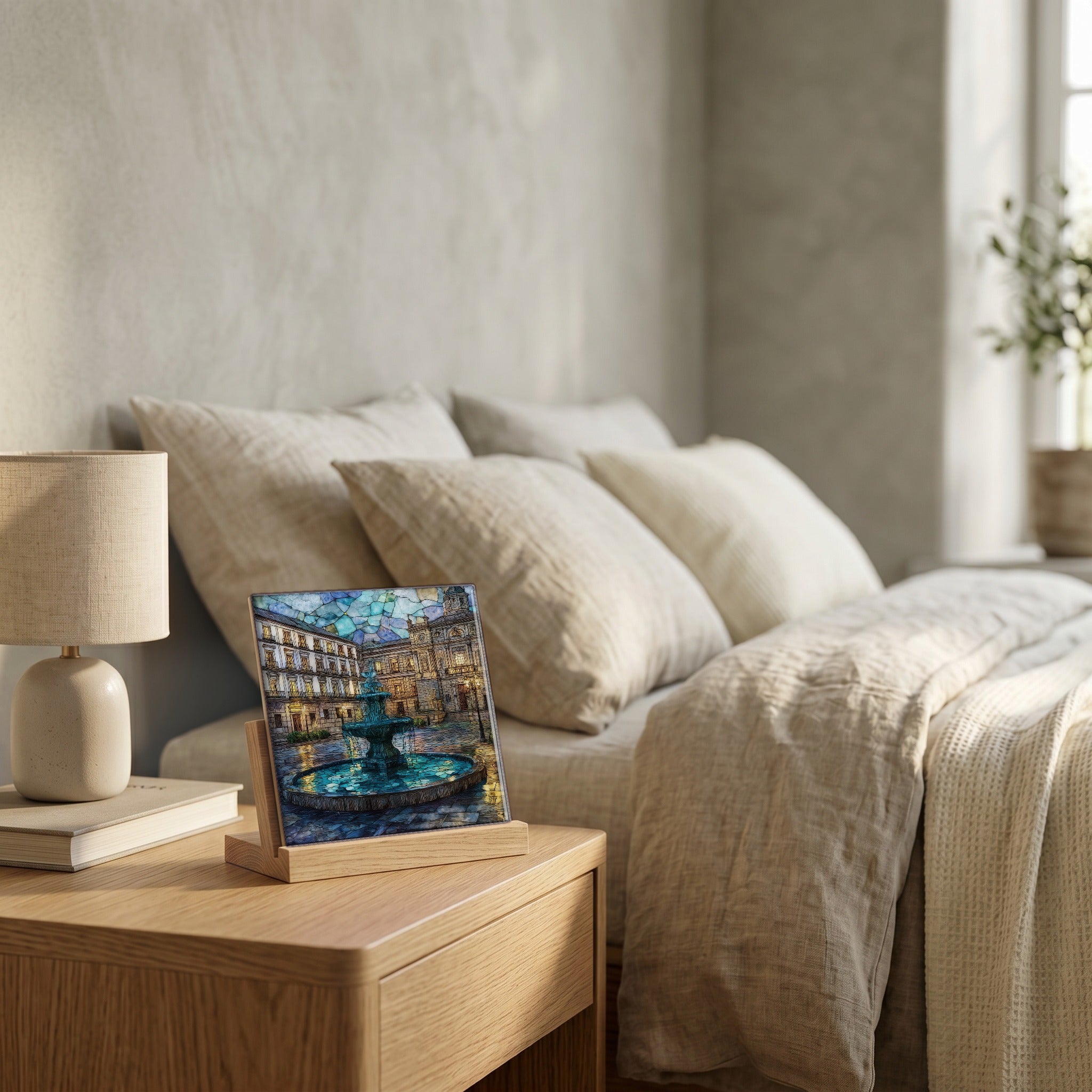 On the nightstand, catching the morning.