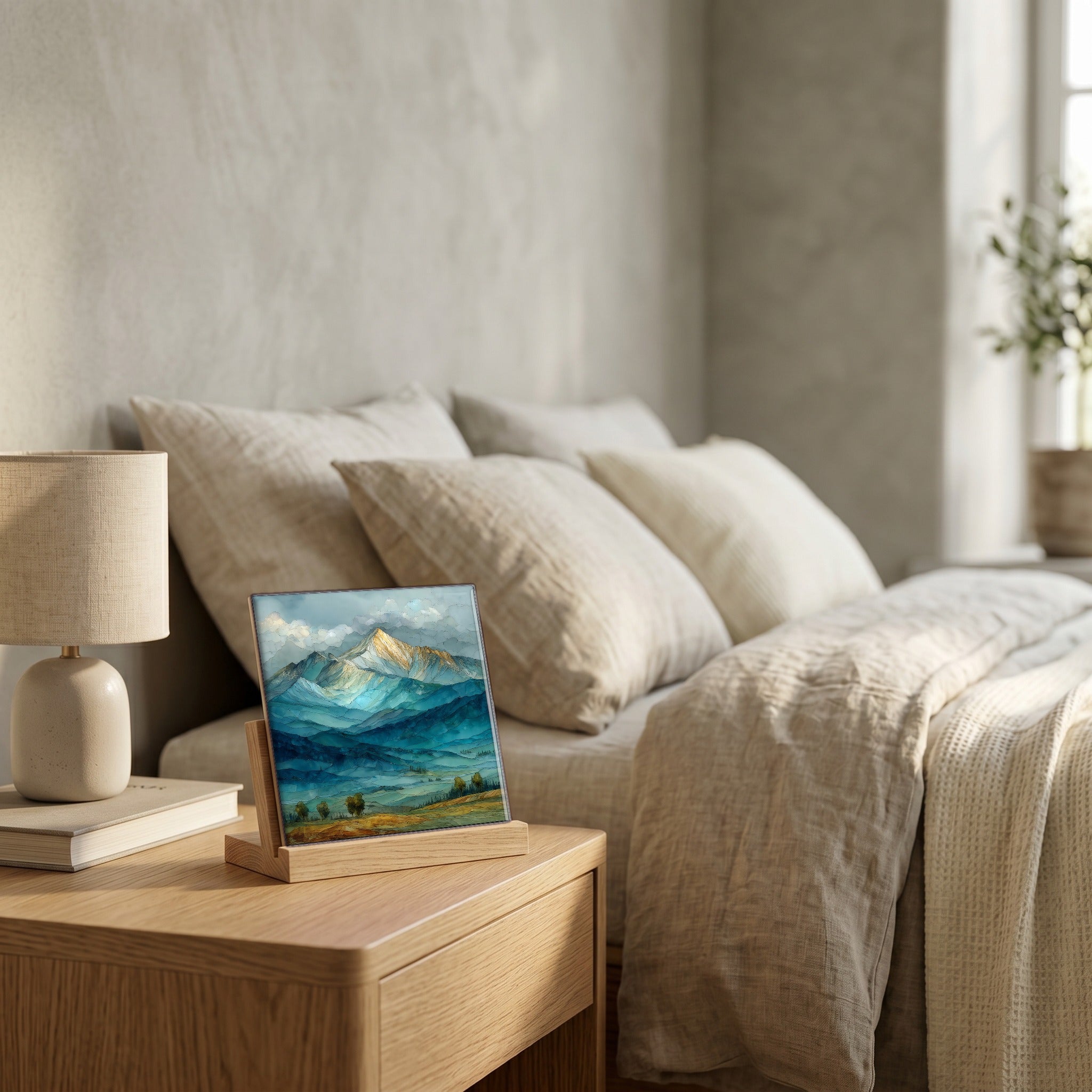 On the nightstand, catching the morning.