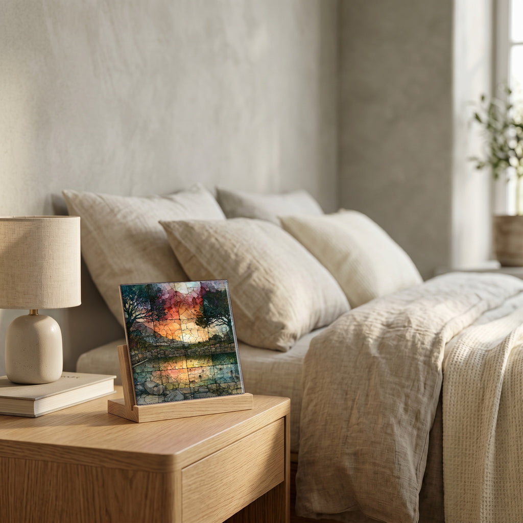 On the nightstand, catching the morning.
