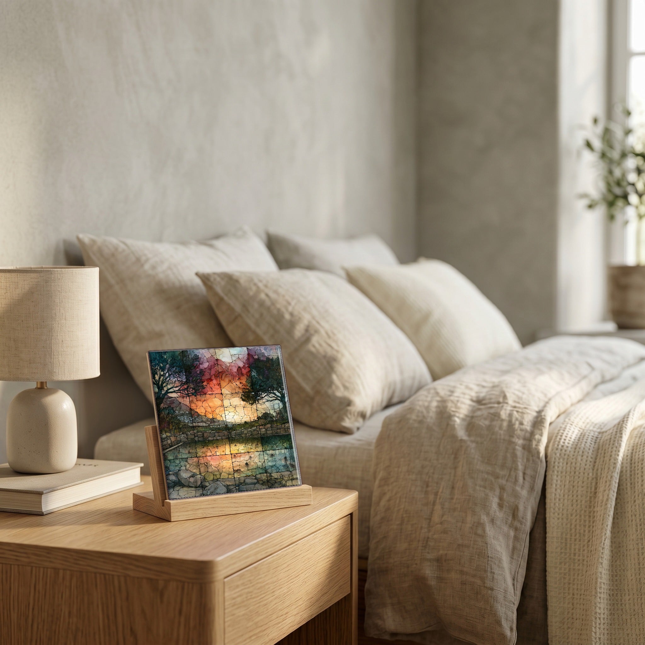 On the nightstand, catching the morning.
