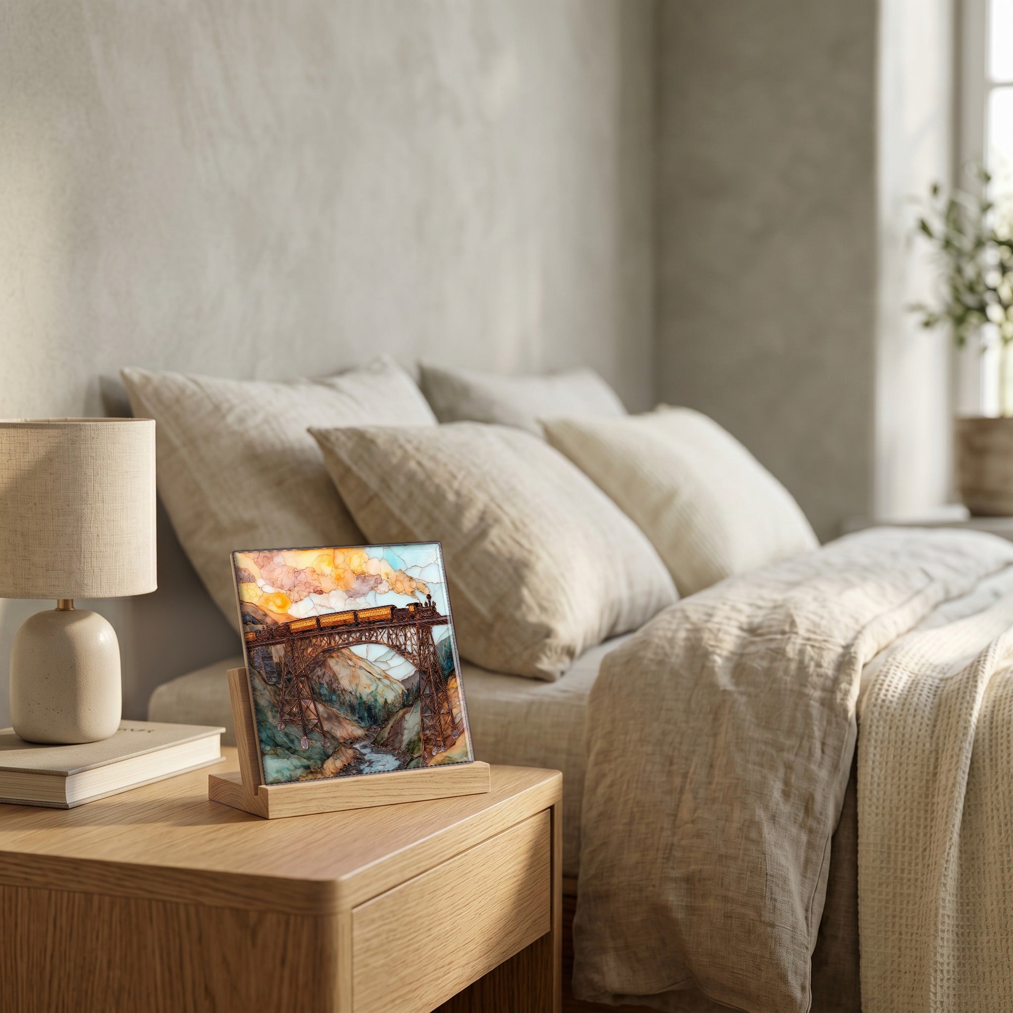 On the nightstand, on a light oak stand.