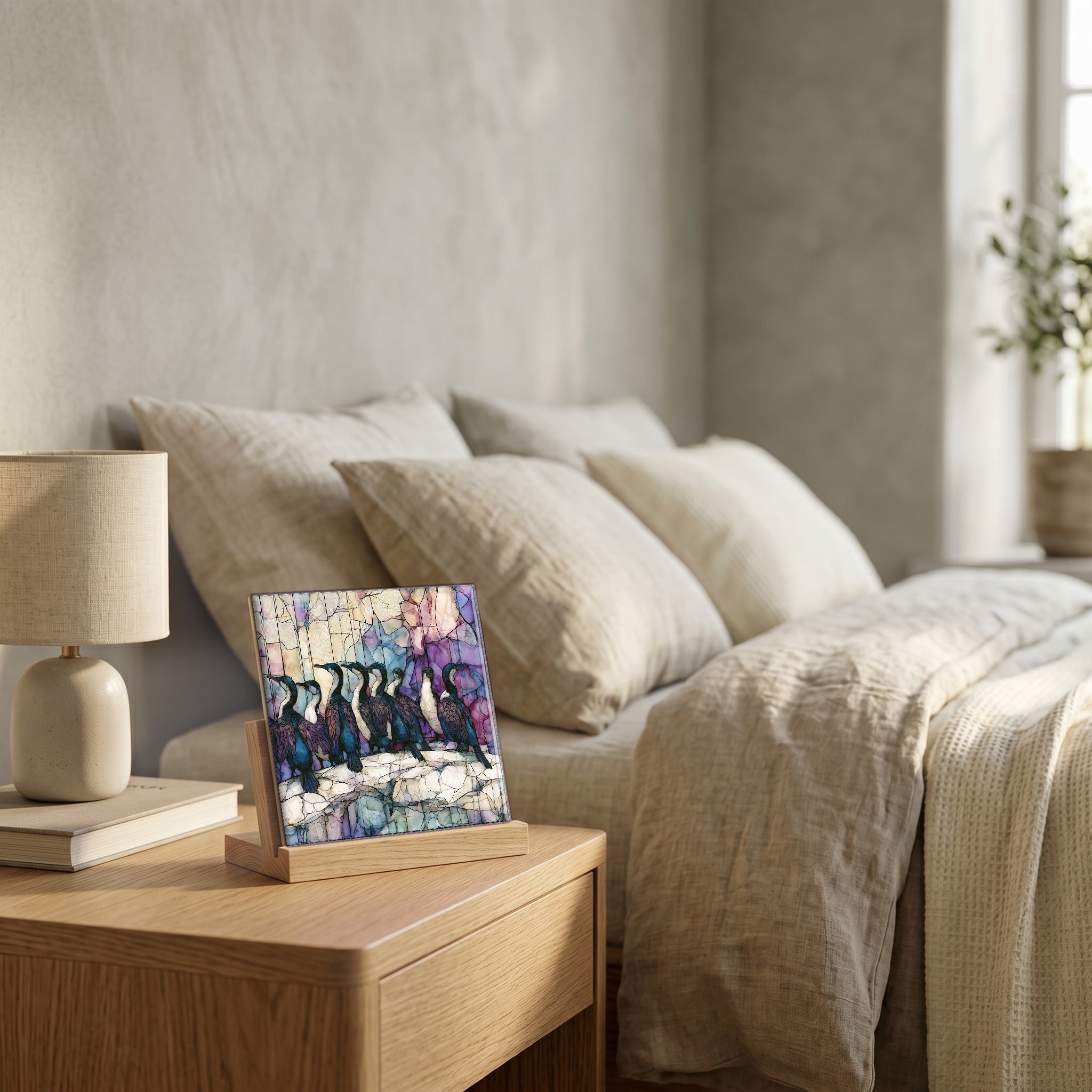 On the nightstand, catching the morning.