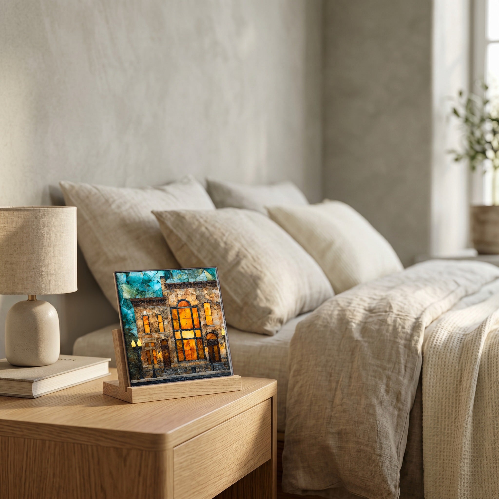 On the nightstand, catching the morning.