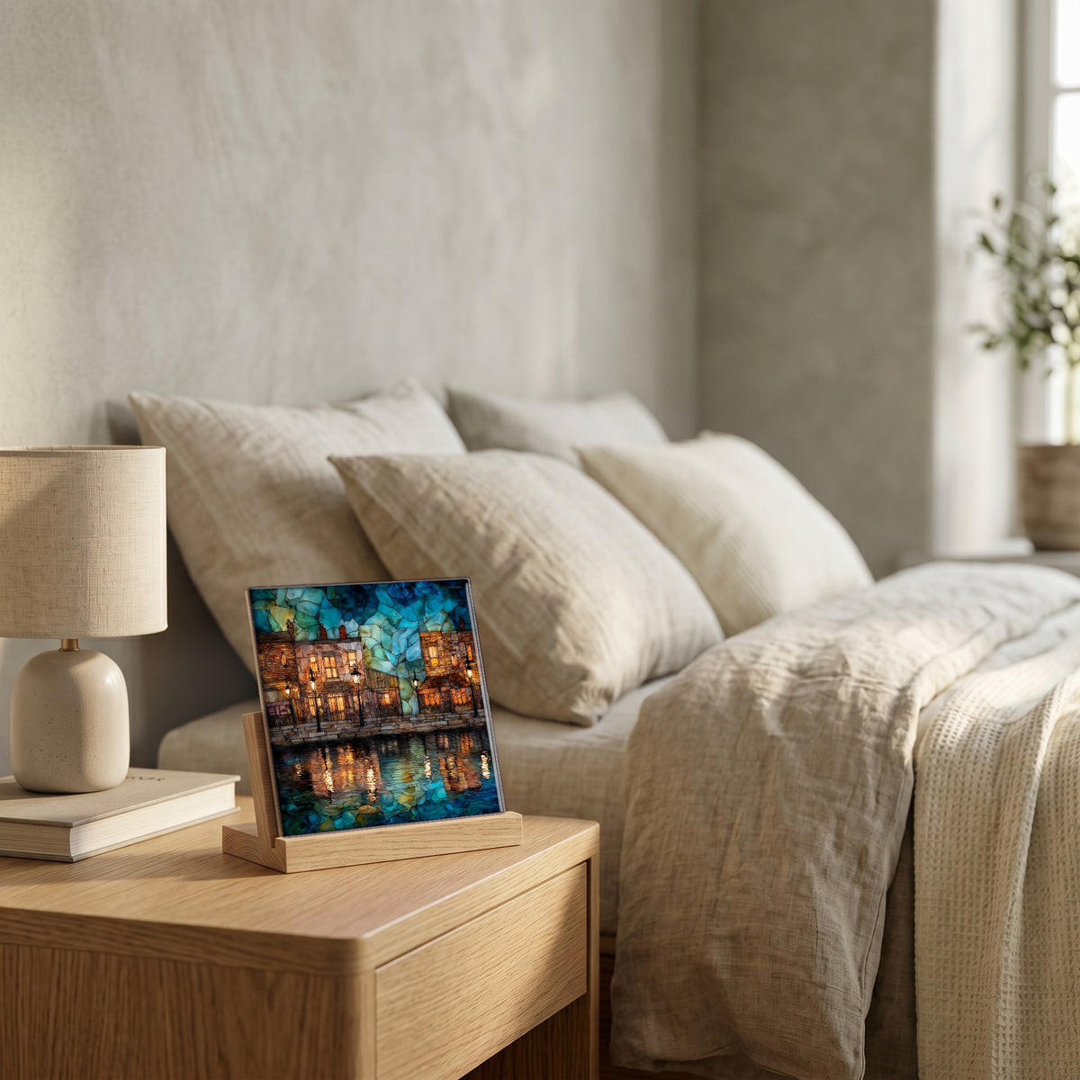 On the nightstand, catching the morning.