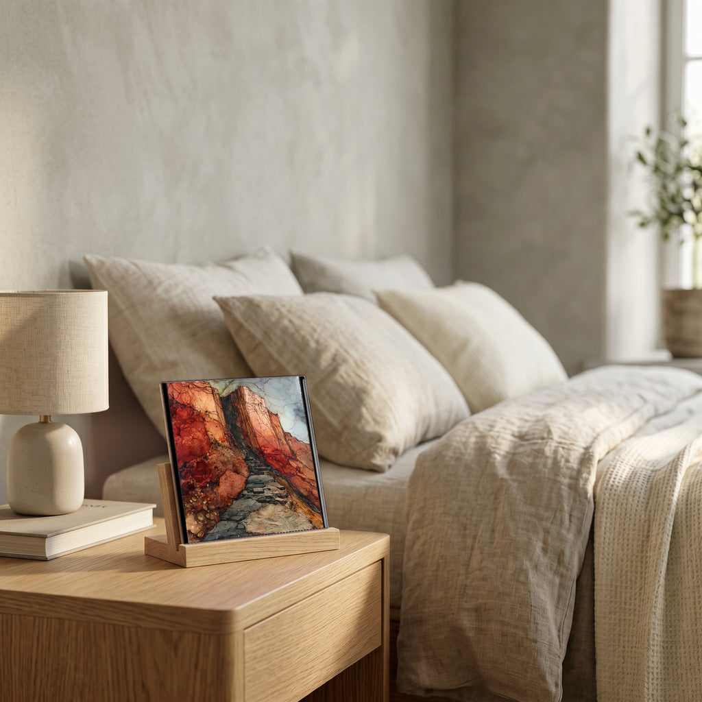 On the nightstand, catching the morning.
