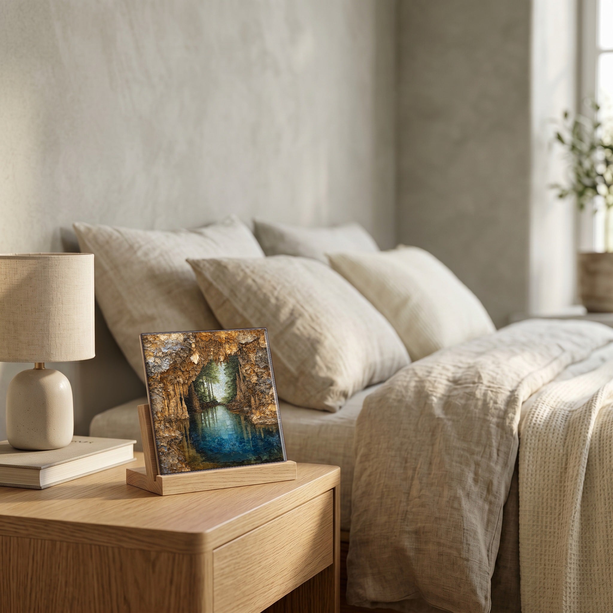 On the nightstand, catching the morning.