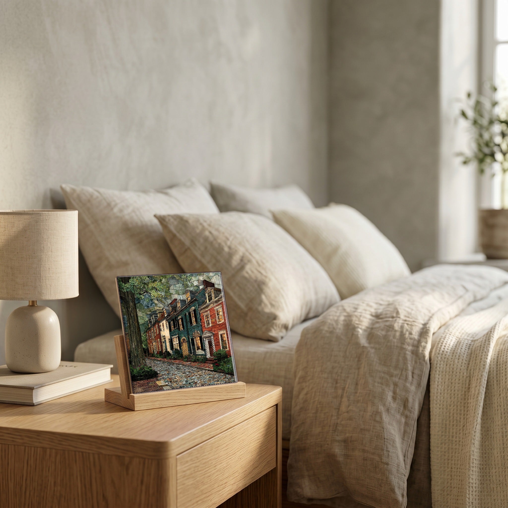 On the nightstand, catching the morning.