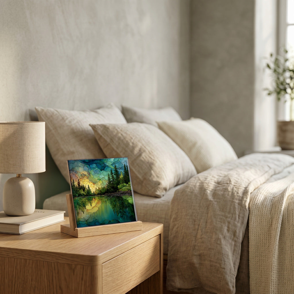 On the nightstand, catching the morning.