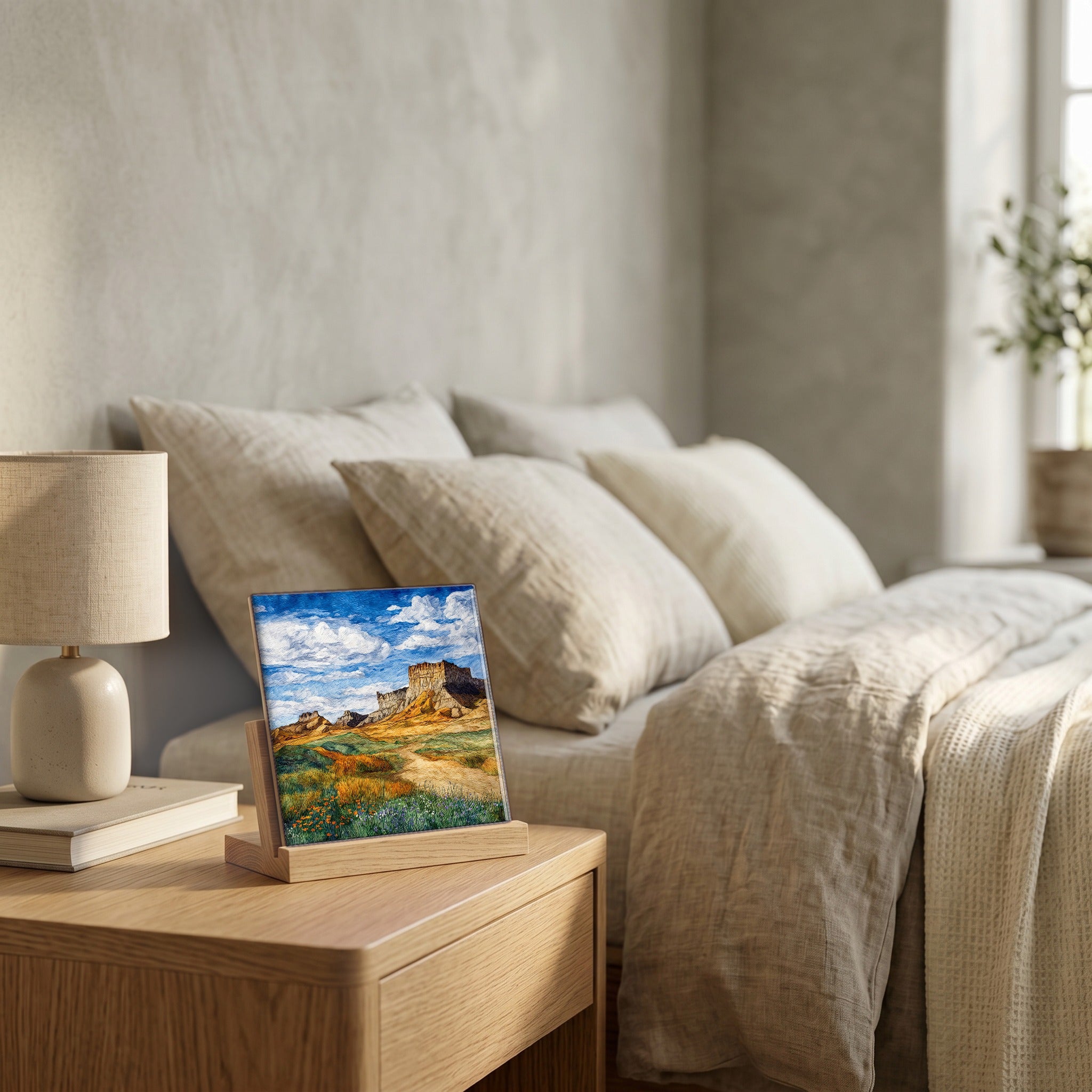On the nightstand, catching the morning.