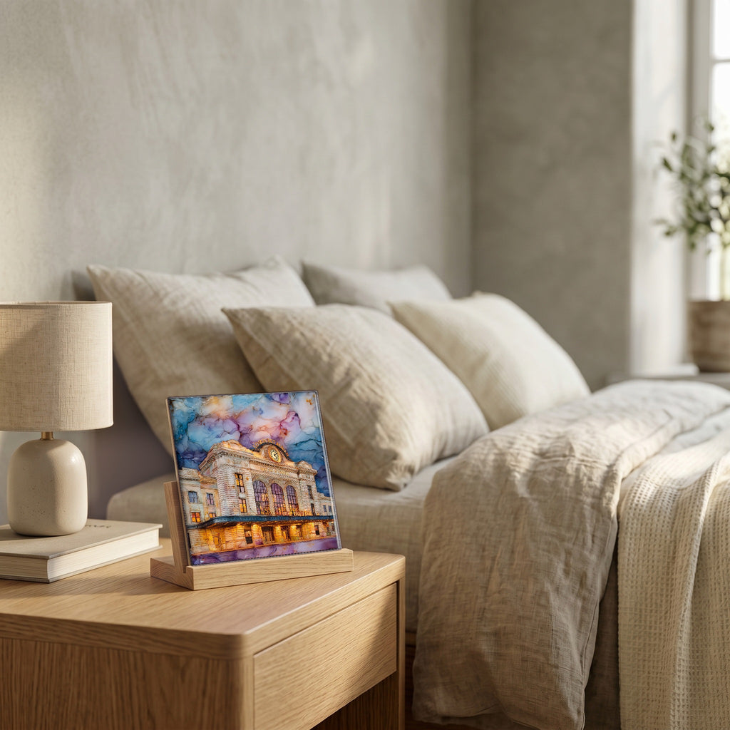 On the nightstand, on a light oak stand.