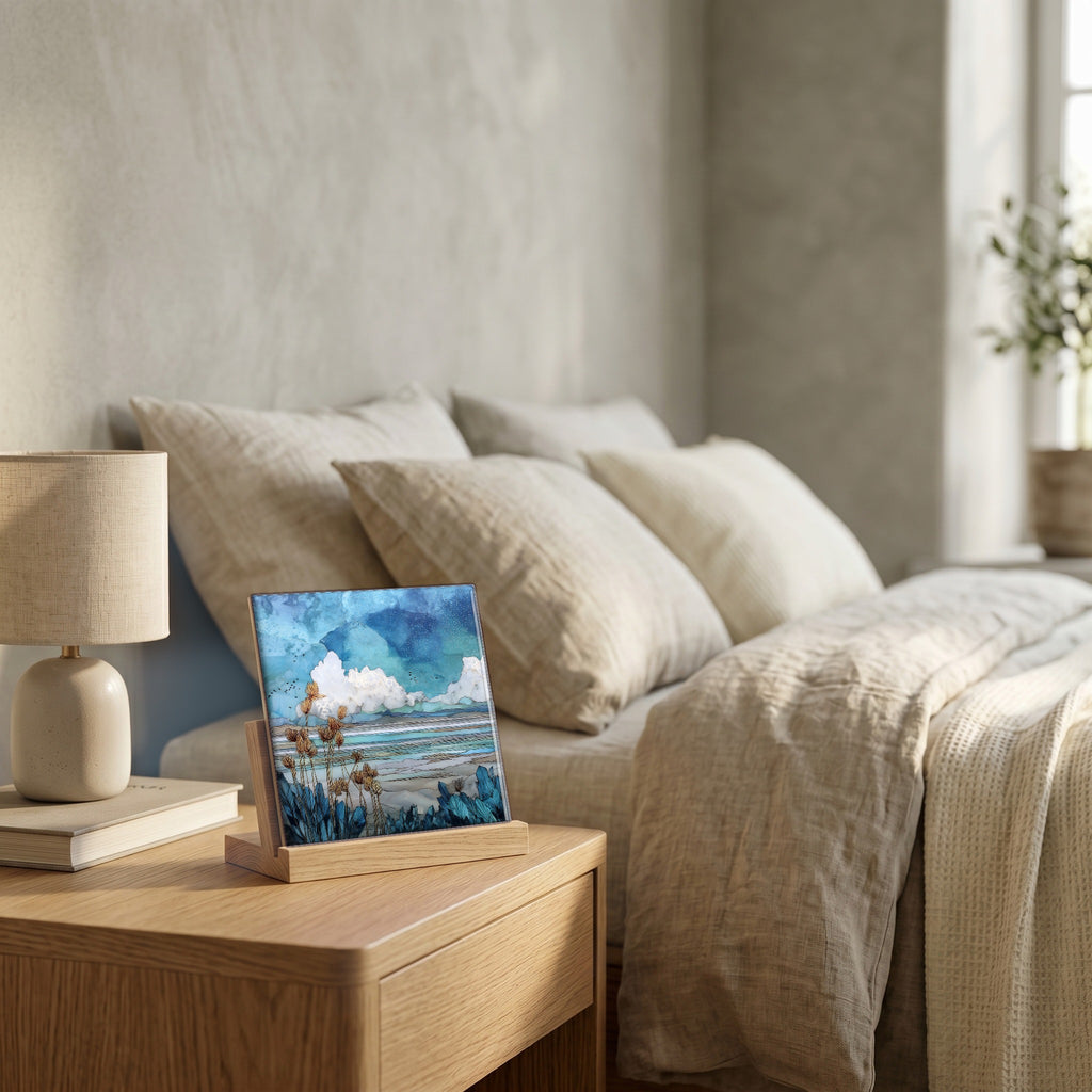 On the nightstand, catching the morning.