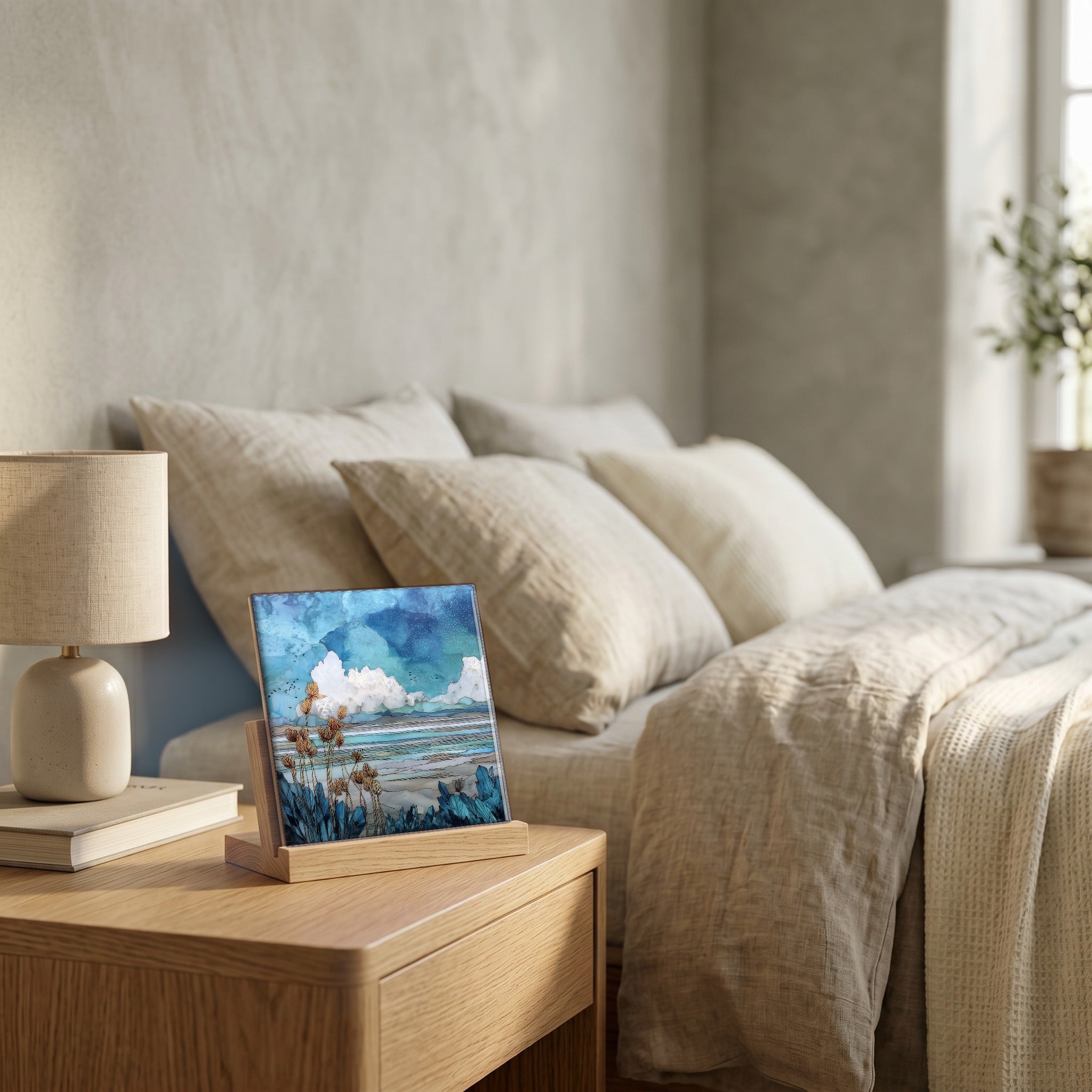 On the nightstand, catching the morning.