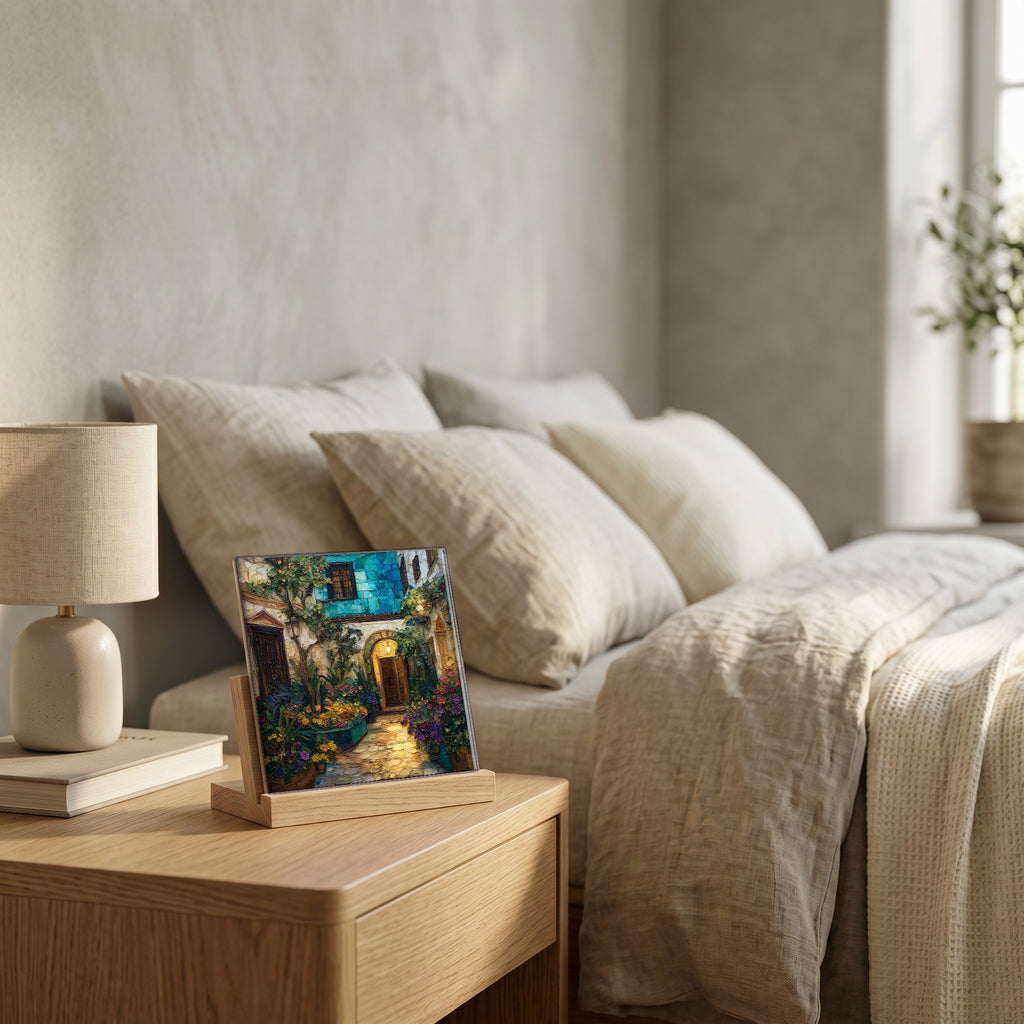 On the nightstand, catching the morning.