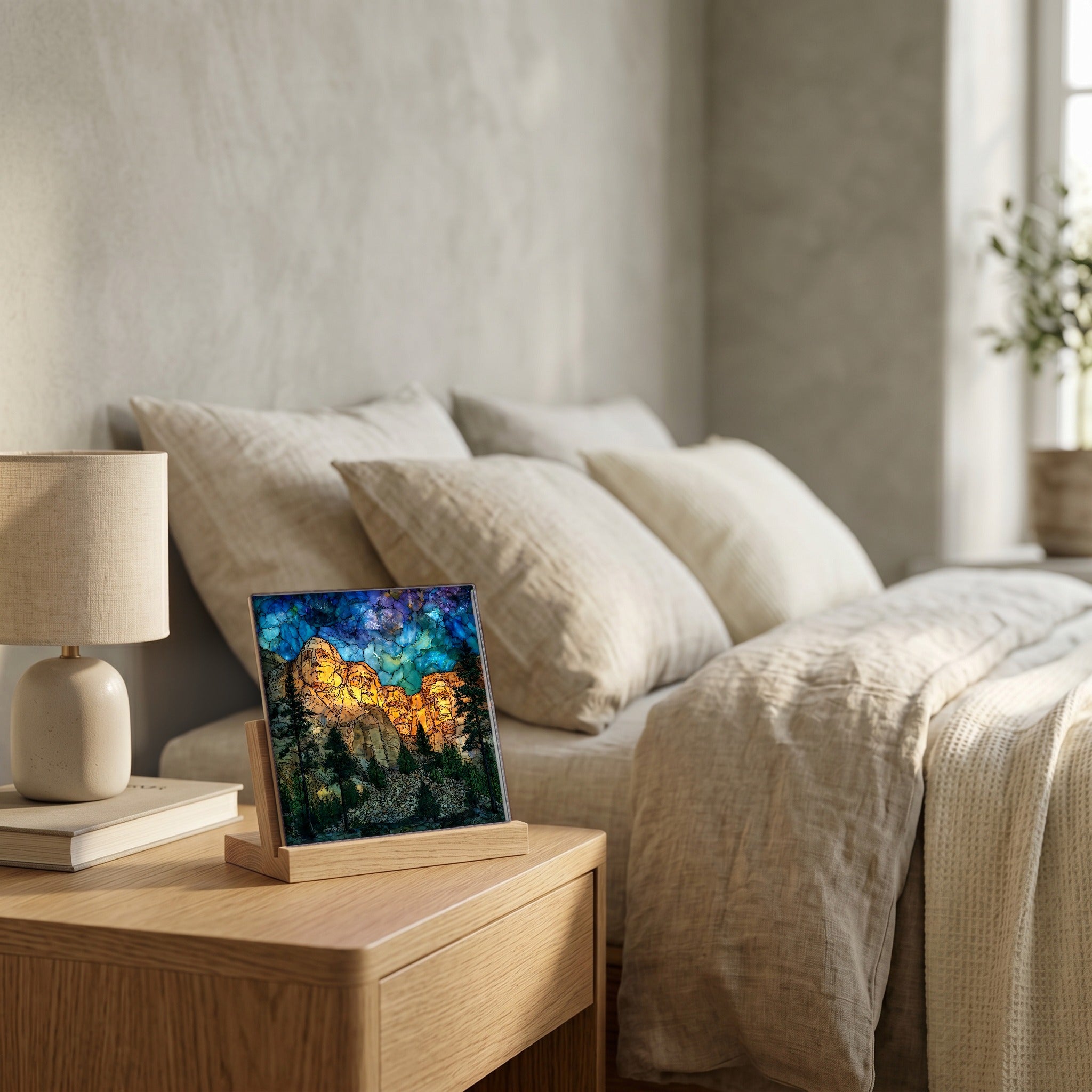 On the nightstand, catching the morning.