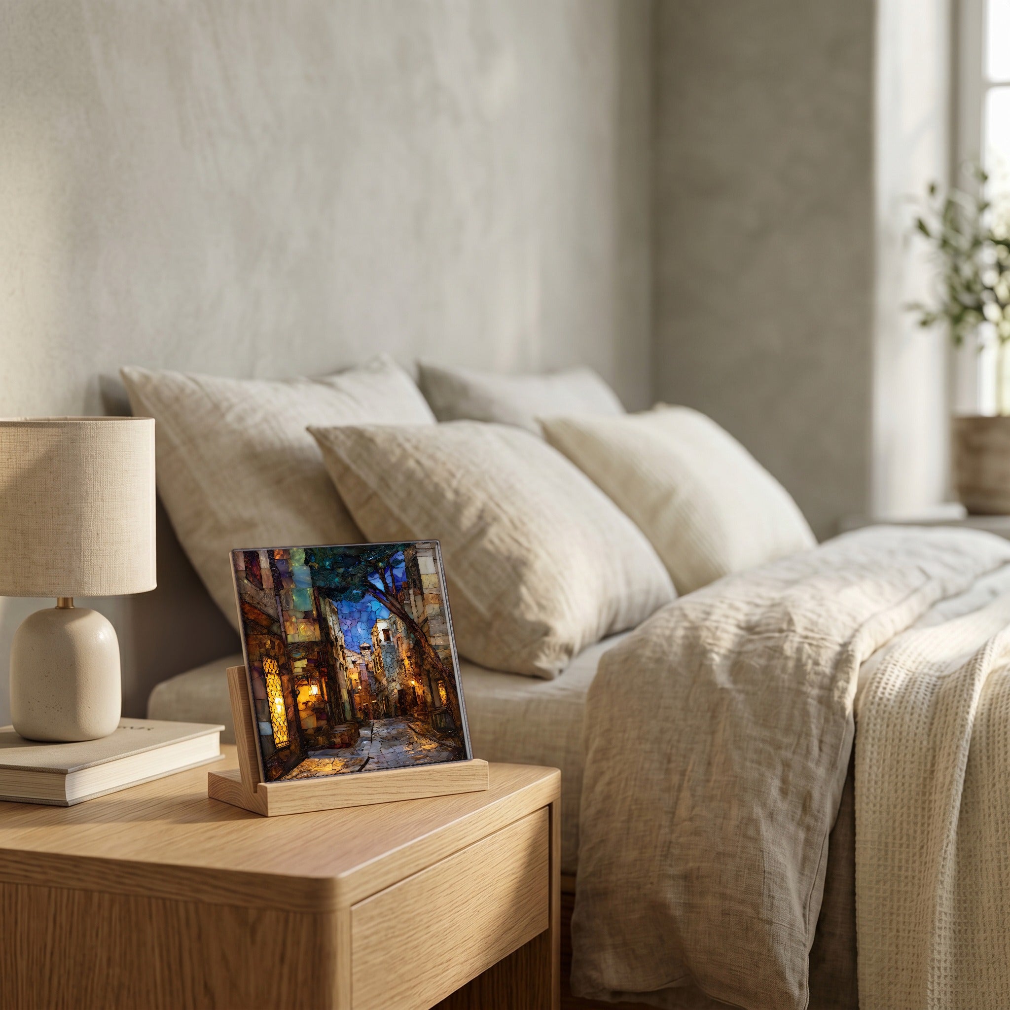 On the nightstand, catching the morning.