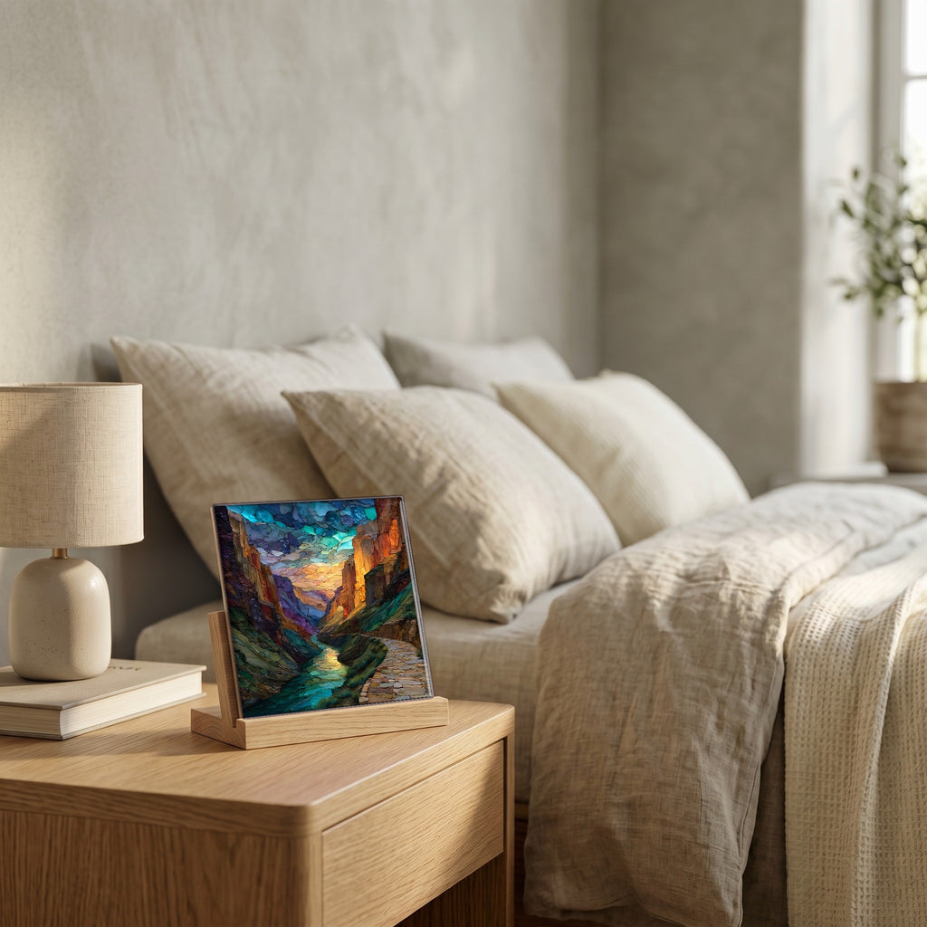 On the nightstand, catching the morning.