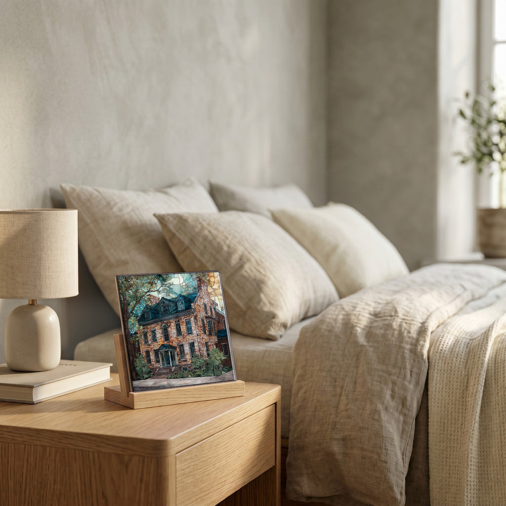 On the nightstand, catching the morning.