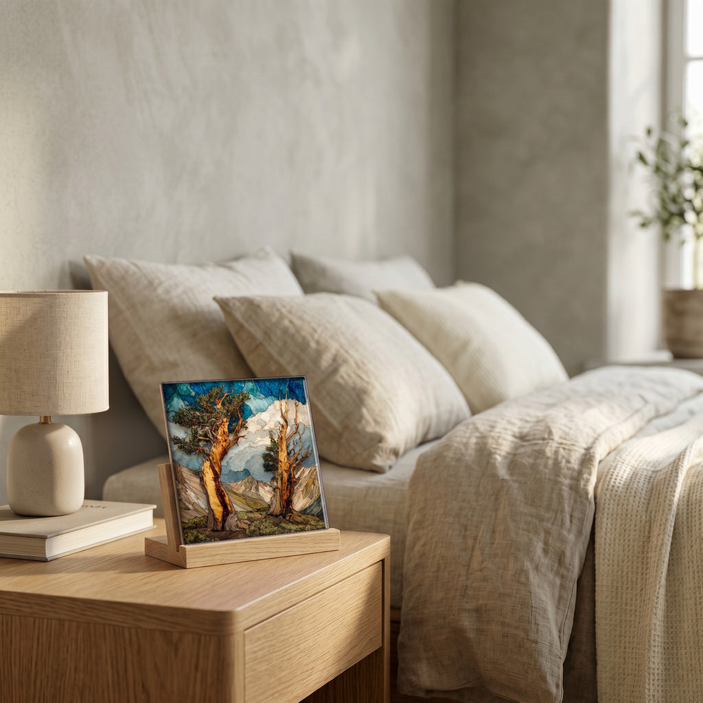 On the nightstand, catching the morning.