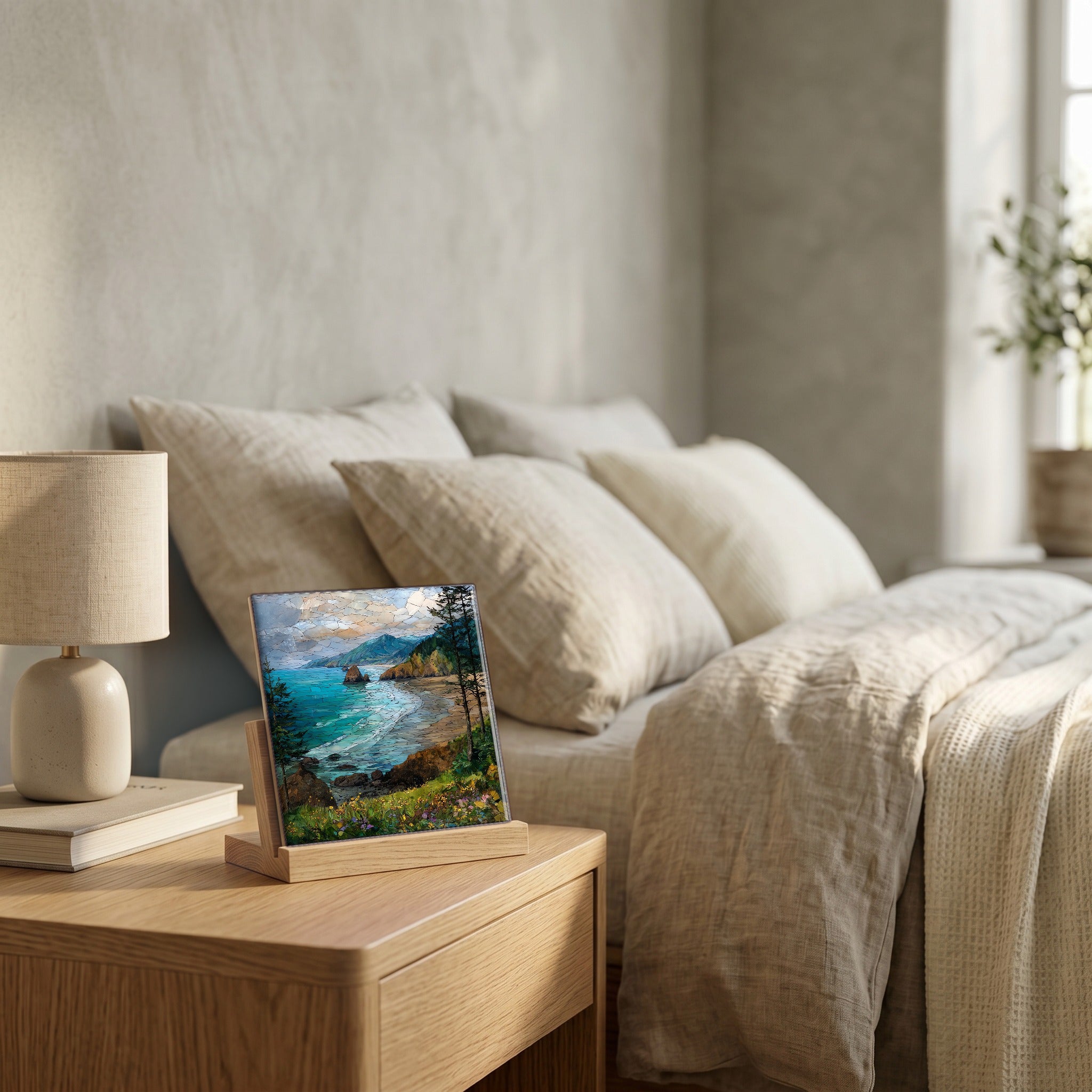 On the nightstand, catching the morning.