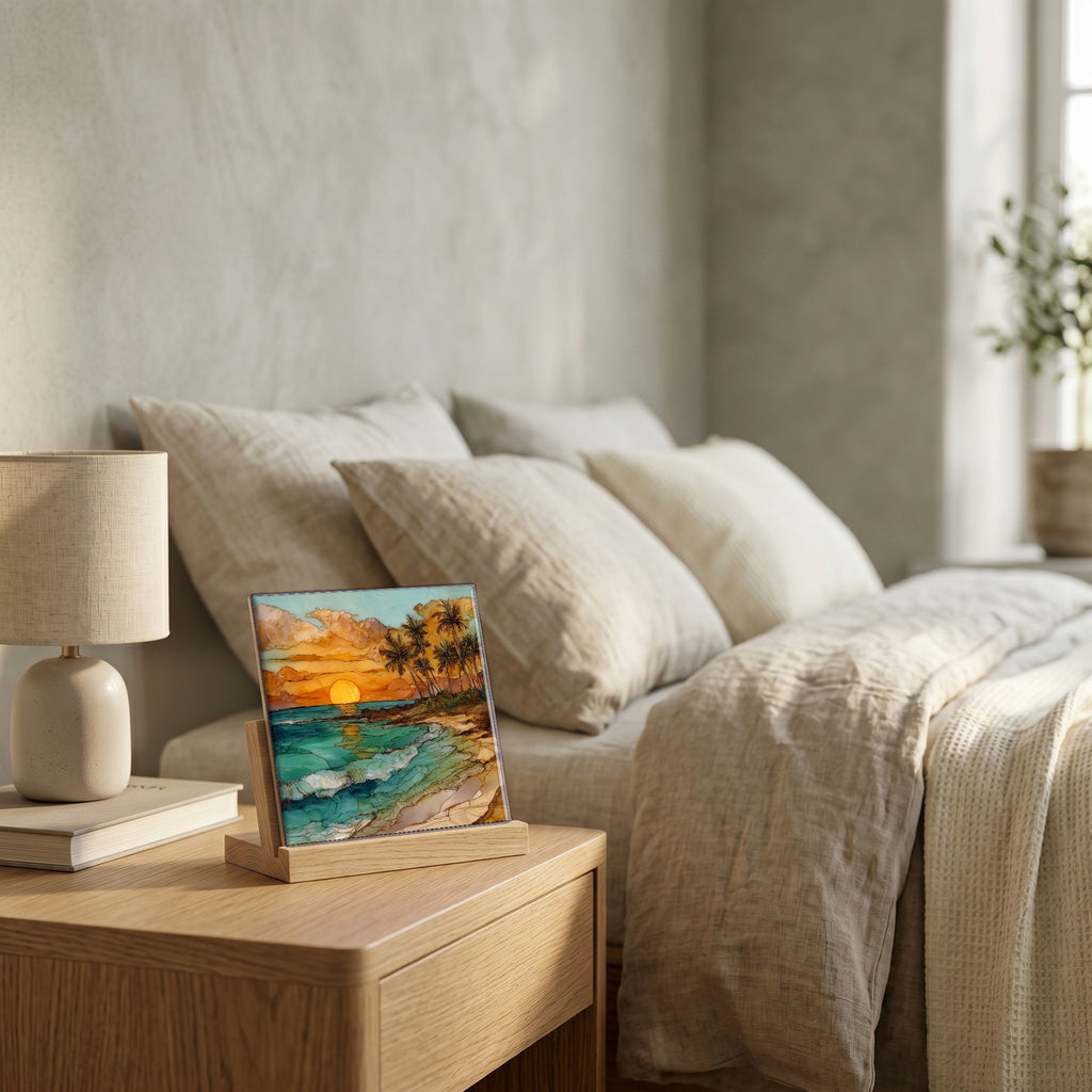 On the nightstand, on a light oak stand.