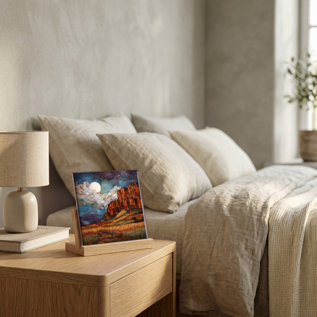 On the nightstand, catching the morning.