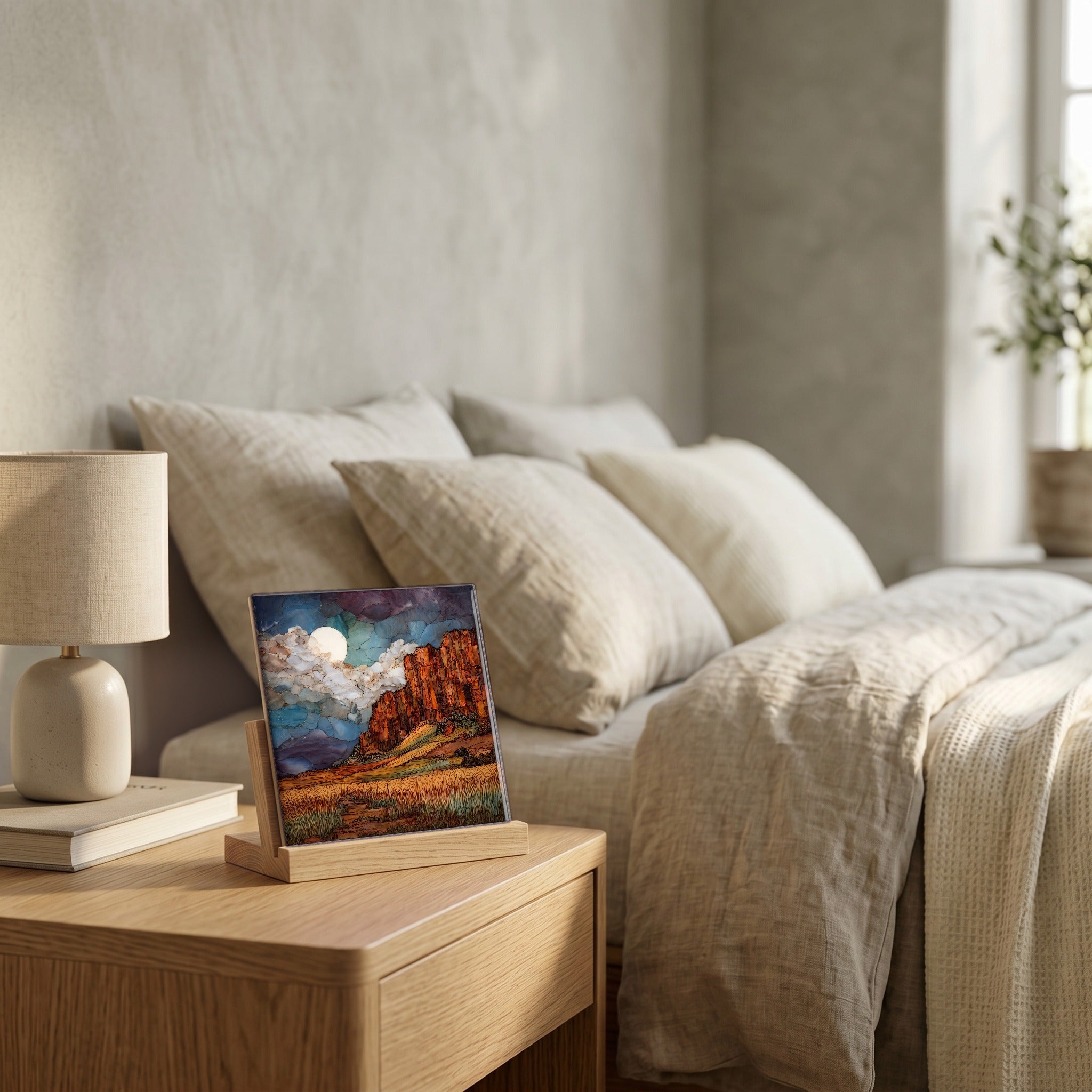On the nightstand, catching the morning.