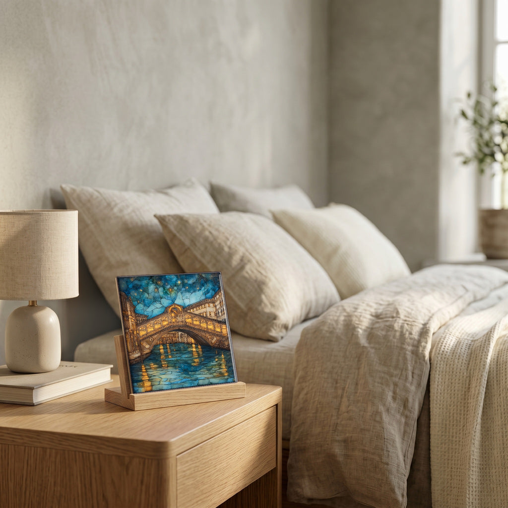 On the nightstand, on a light oak stand.