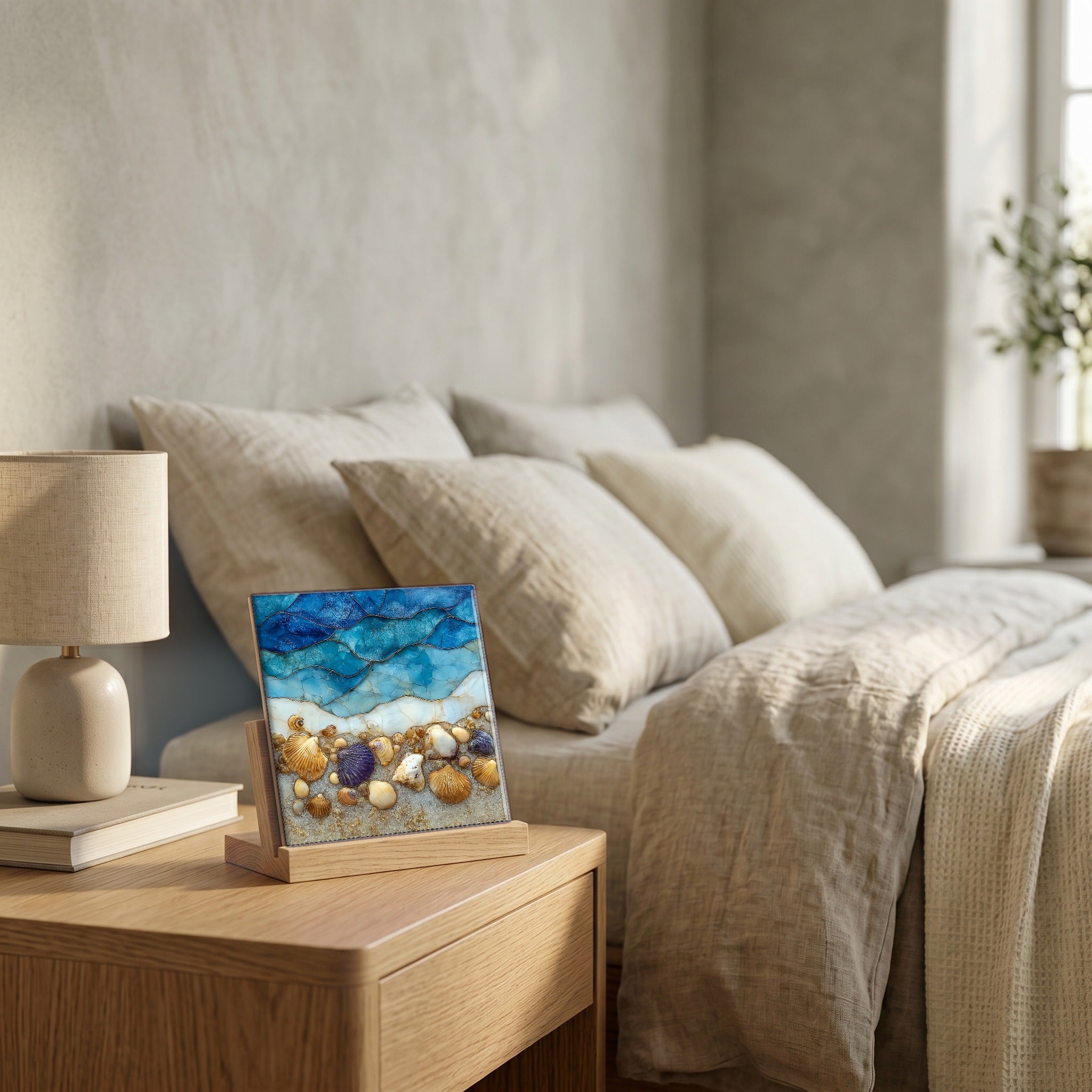 On the nightstand, catching the morning.