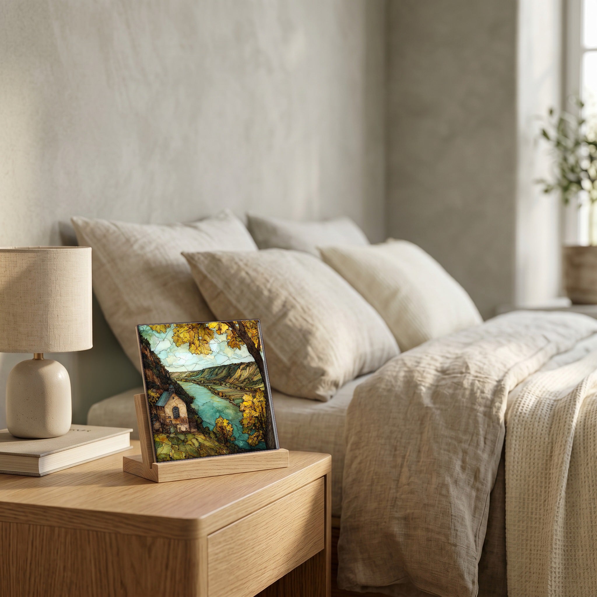 On the nightstand, catching the morning.
