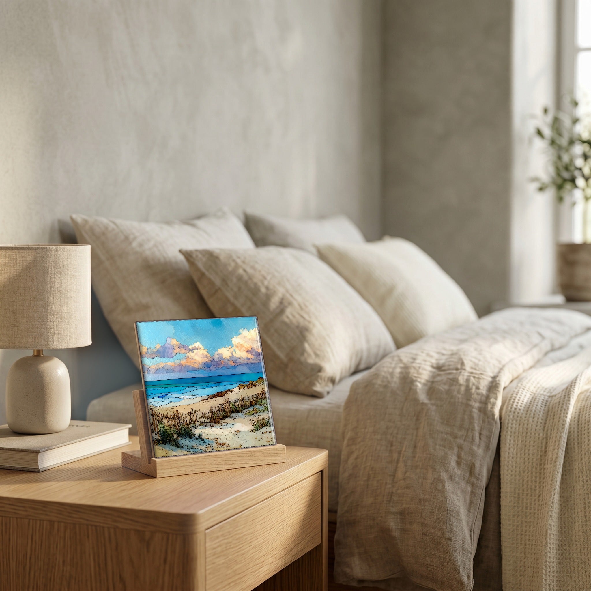 On the nightstand, catching the morning.