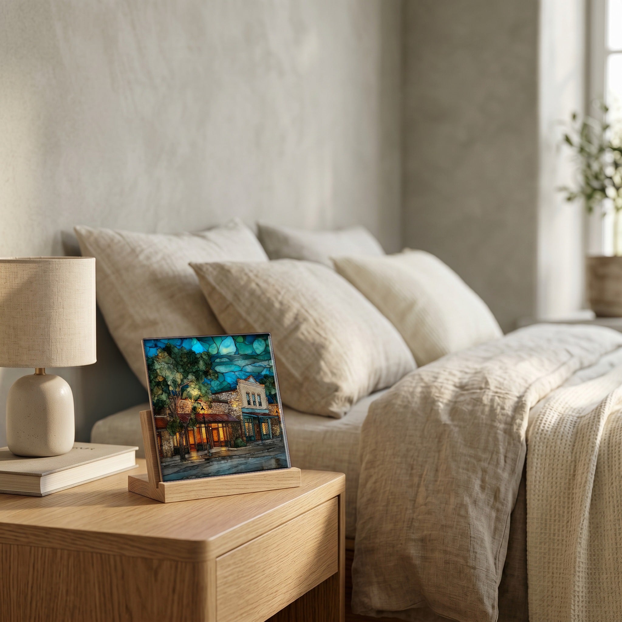 On the nightstand, catching the morning.