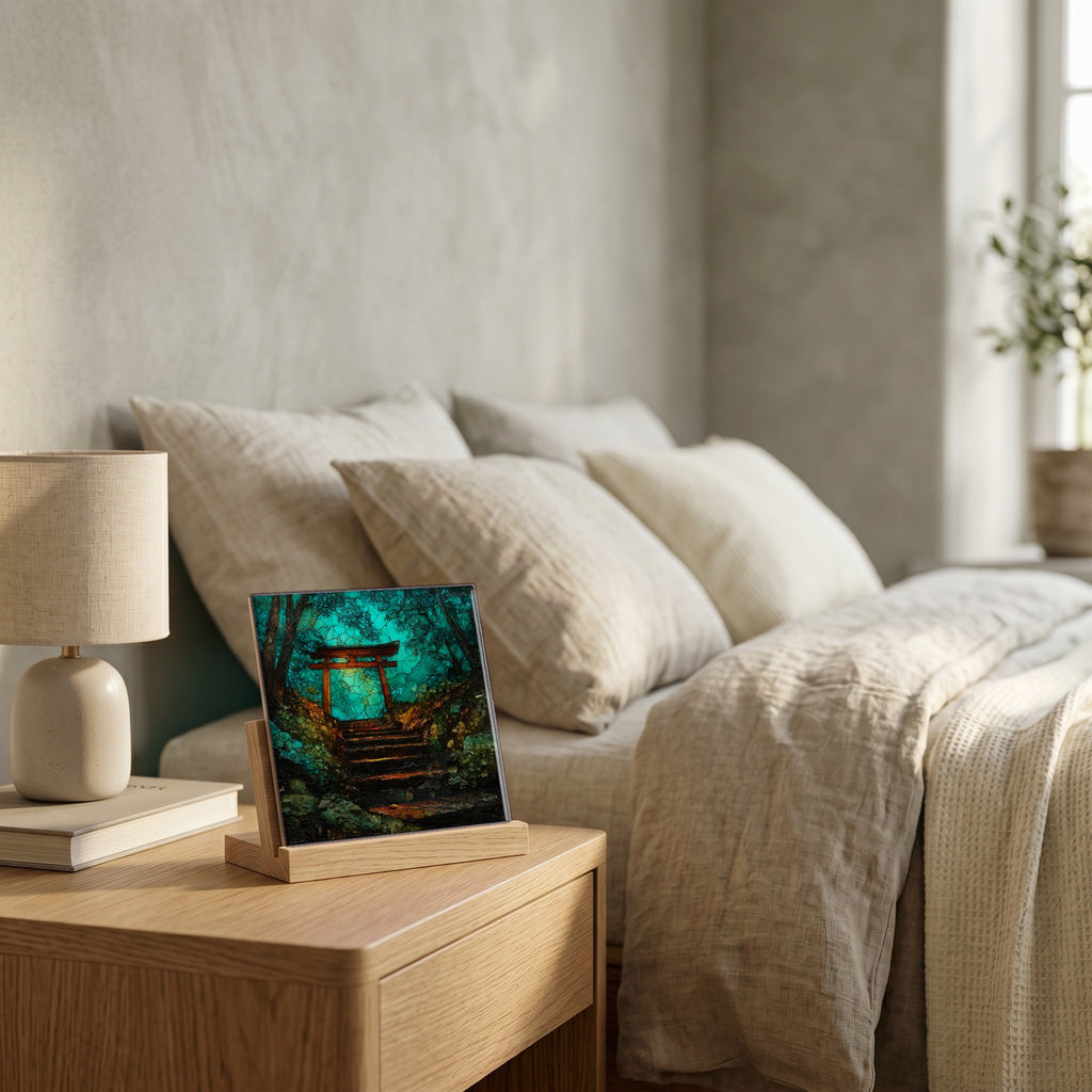 On the nightstand, catching the morning.