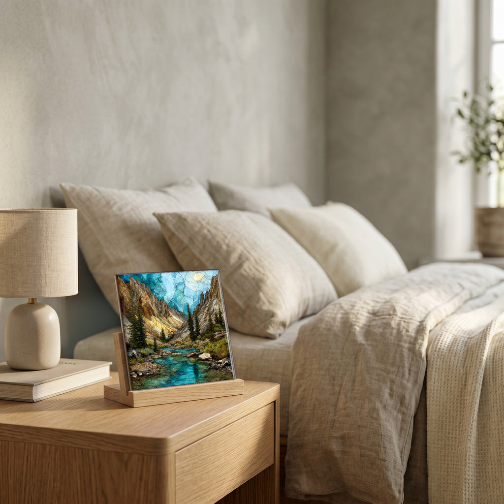 On the nightstand, catching the morning.