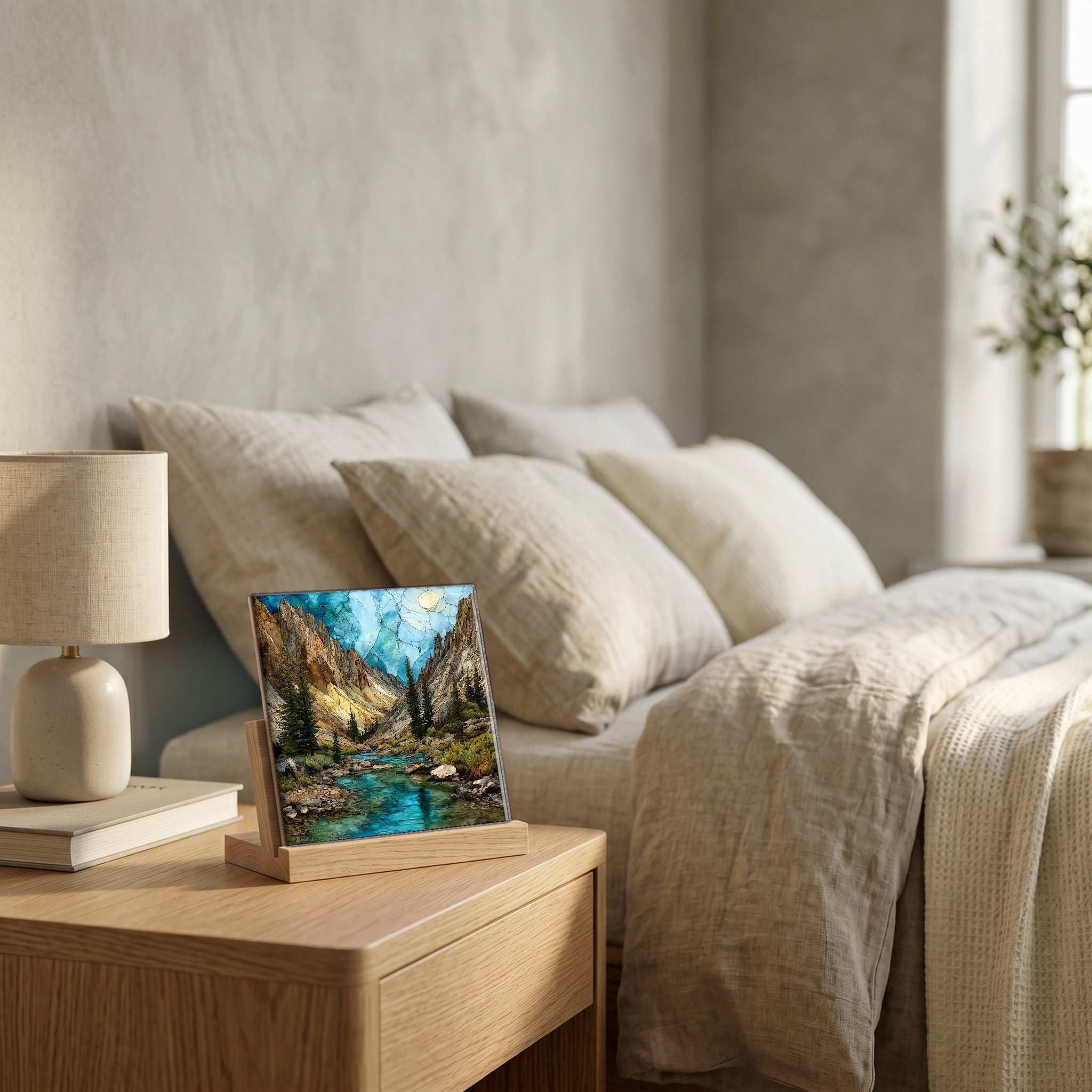 On the nightstand, catching the morning.